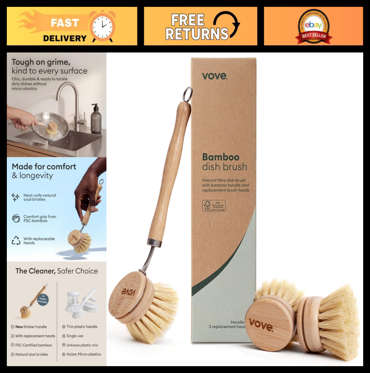 Eco-Friendly Bamboo Dish Brush Set – 3 Replaceable Heads, Plastic-Free Kitchen S