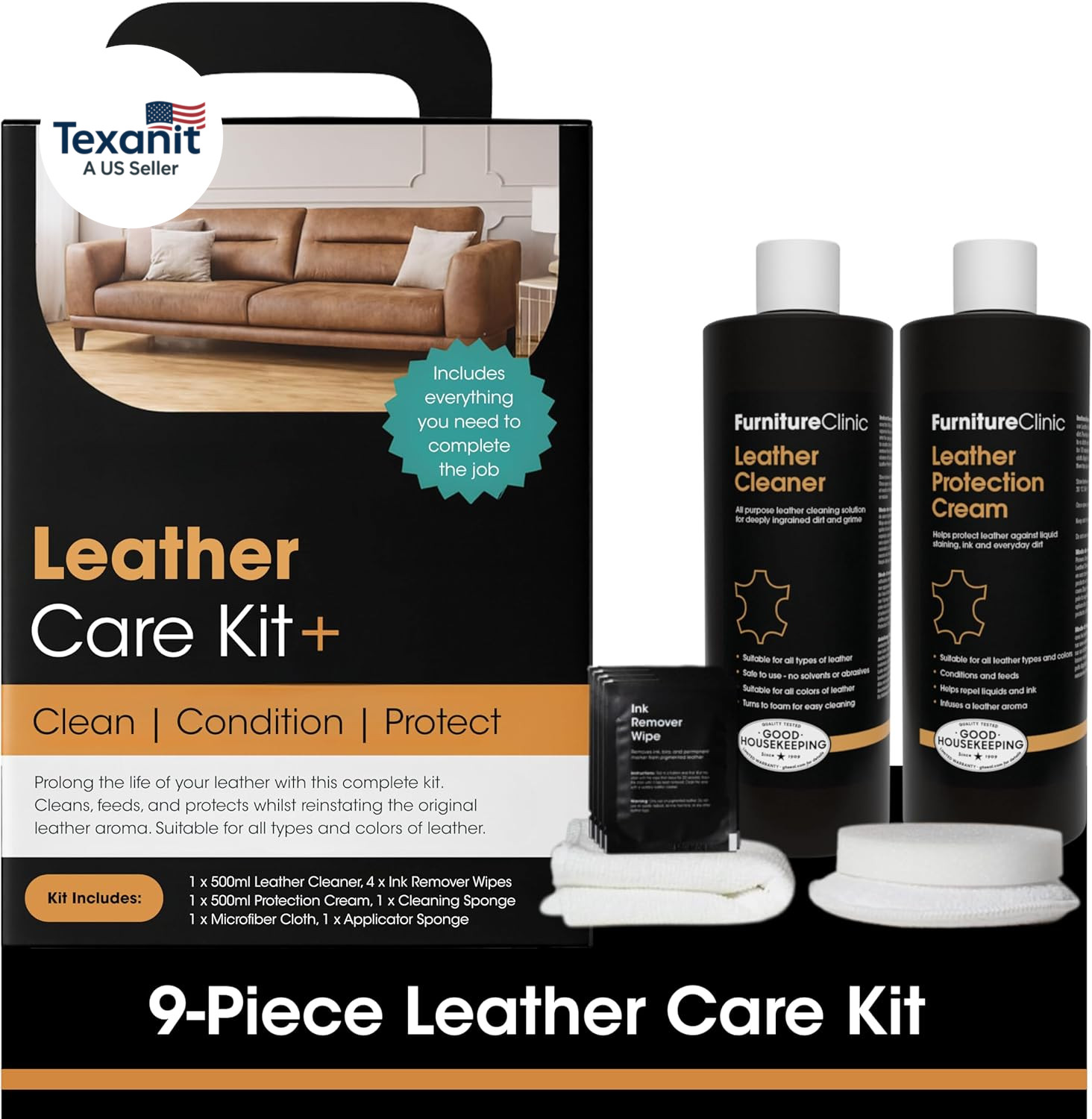 Large Leather Care Kit | Leather Cleaner + Conditioning Protection Cream for Fur