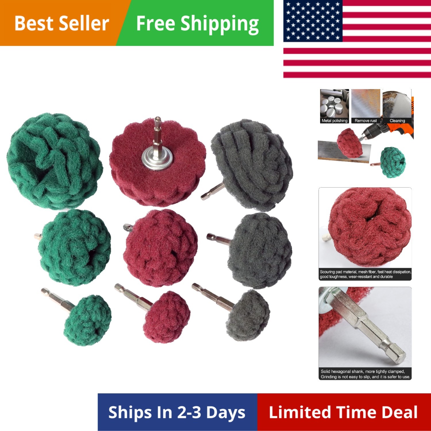 Abrasive Drill Buffing Set 9pcs Non Woven Metal Surface Cleaning Accessories