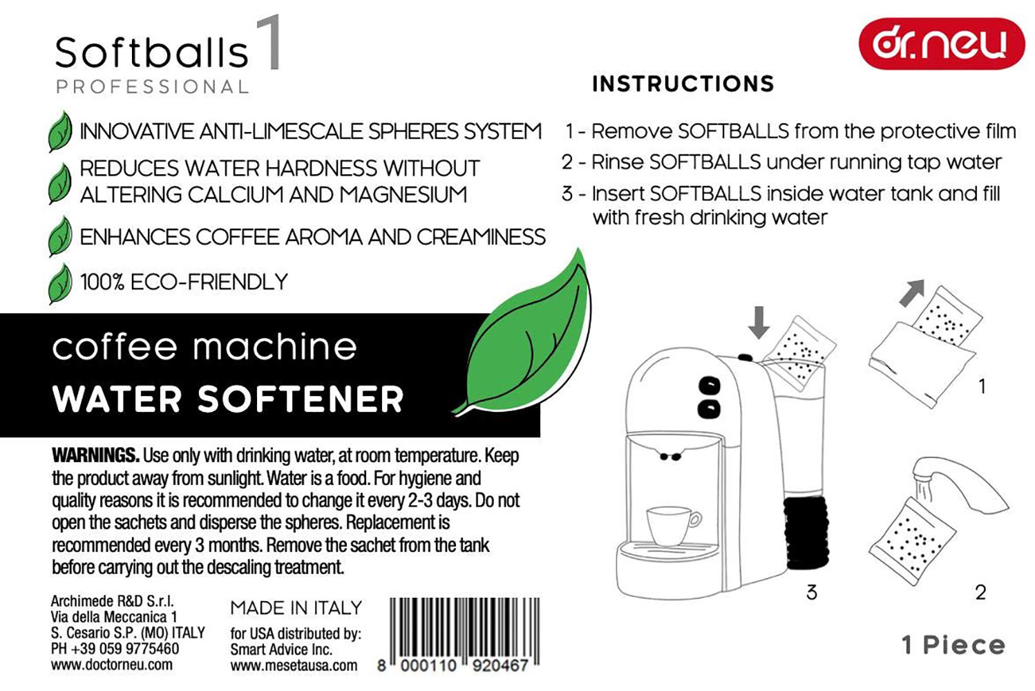 Dr.Neu Water Softener and Limescale Prevention for Espresso Coffee Machine