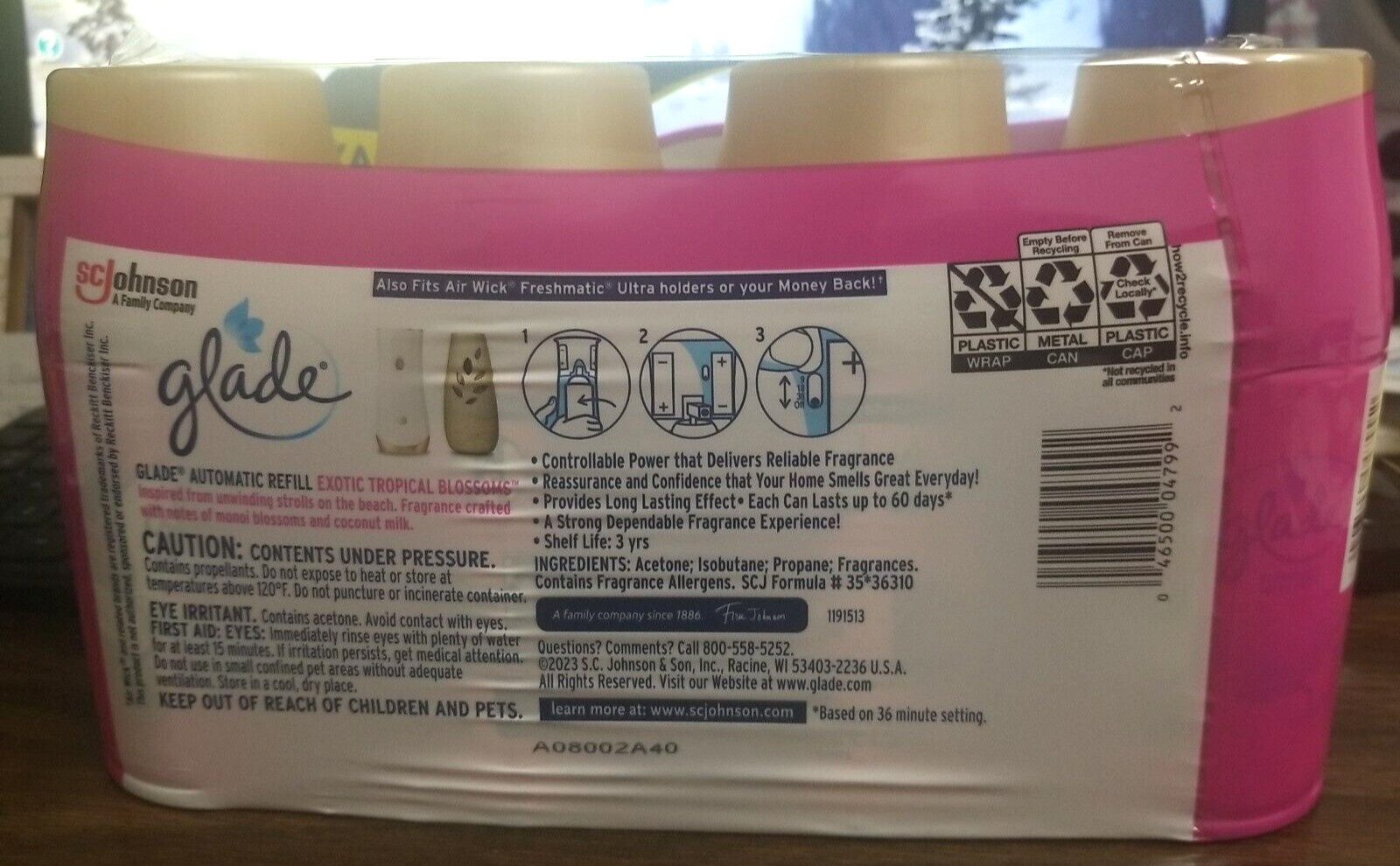 EXOTIC TROPICAL BLOSSOMS GLADE AUTOMATIC SCENTED REFILL CANS, (4-6.2 oz REFILLS)