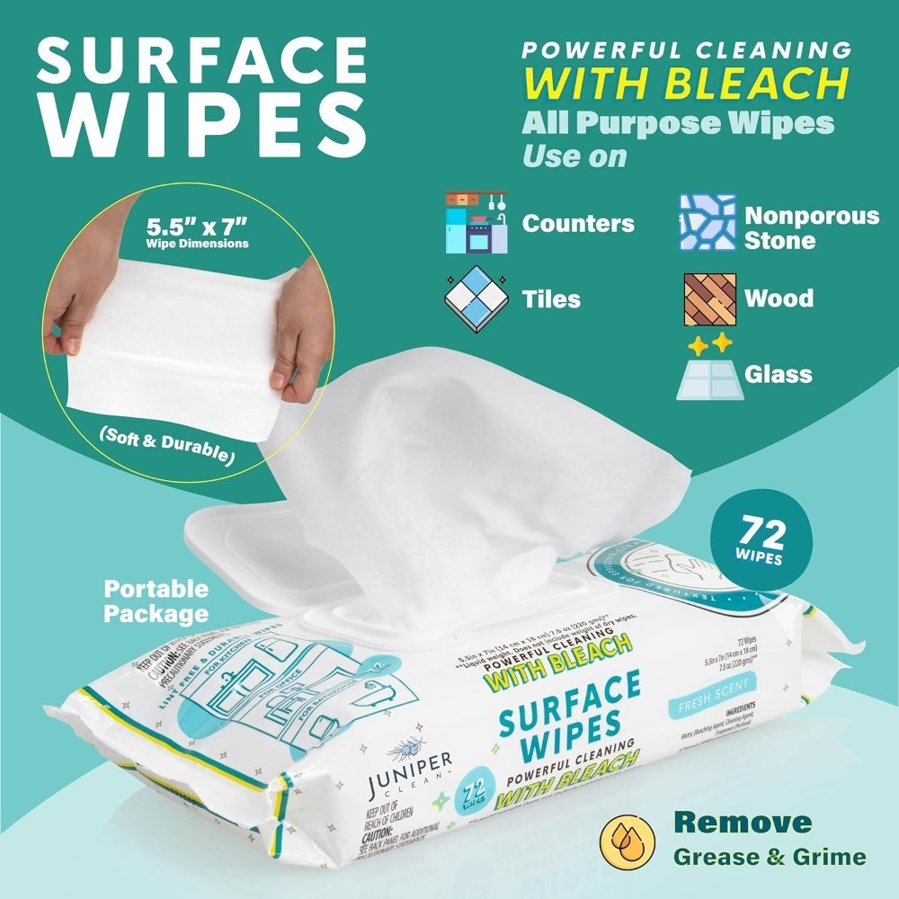 Surface Wipes with Bleach All Purpose Cleaner for Bathroom Kitchen Office 72