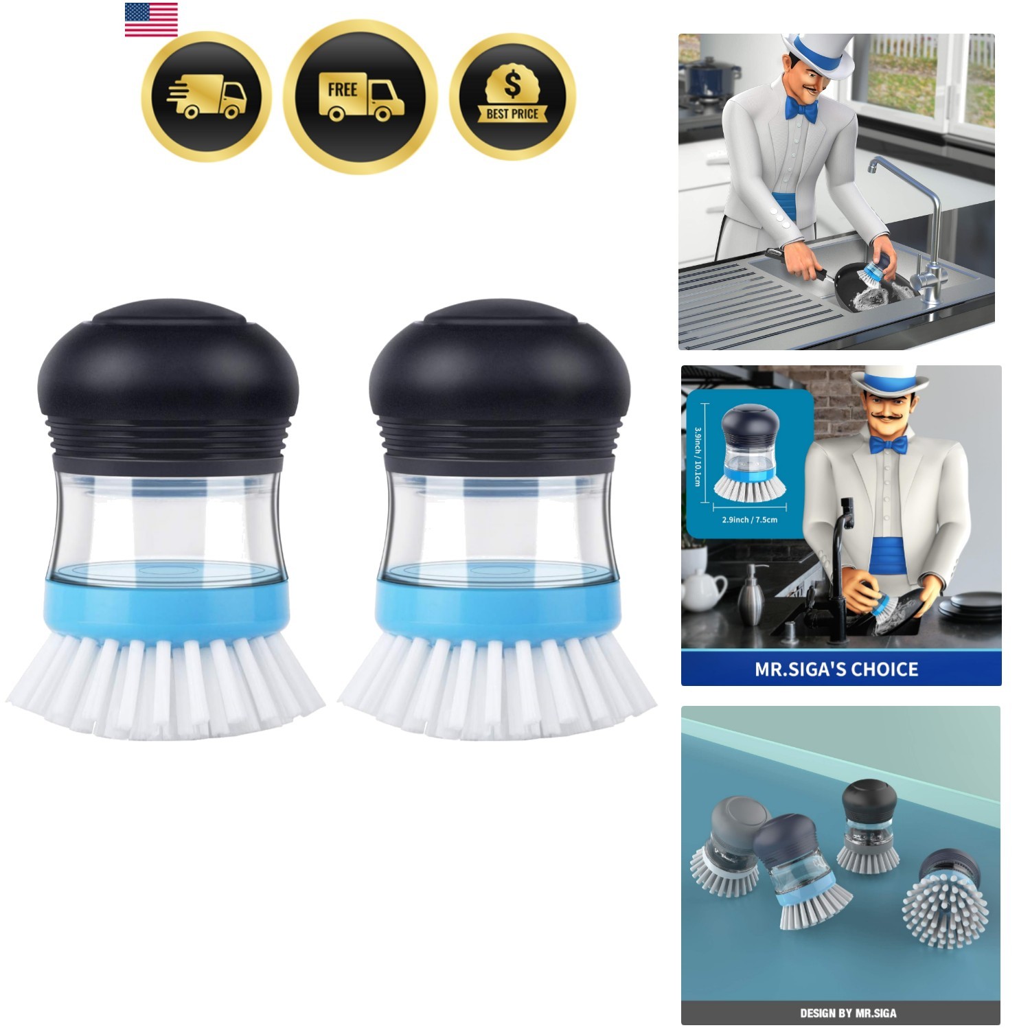 Soap Dispensing Kitchen Brush for Dish Pot Sink Cleaning Pack of 2 Navy Blue