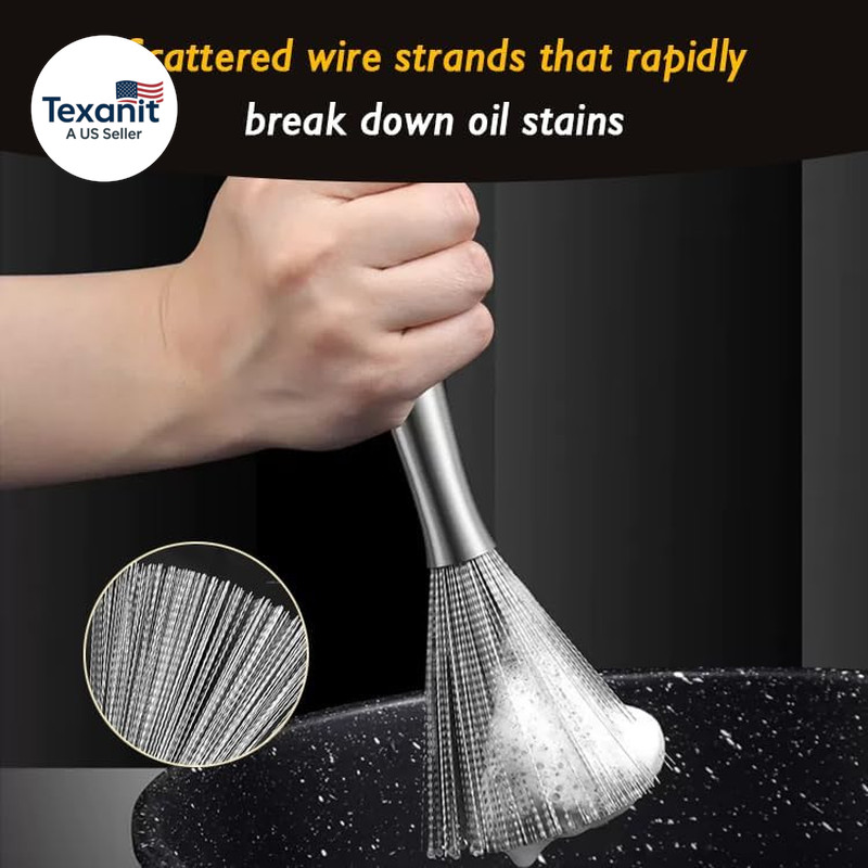 Stainless Steel Dish Brush with Handle, Metal Steel Wool Scrubber for Cast Lron,