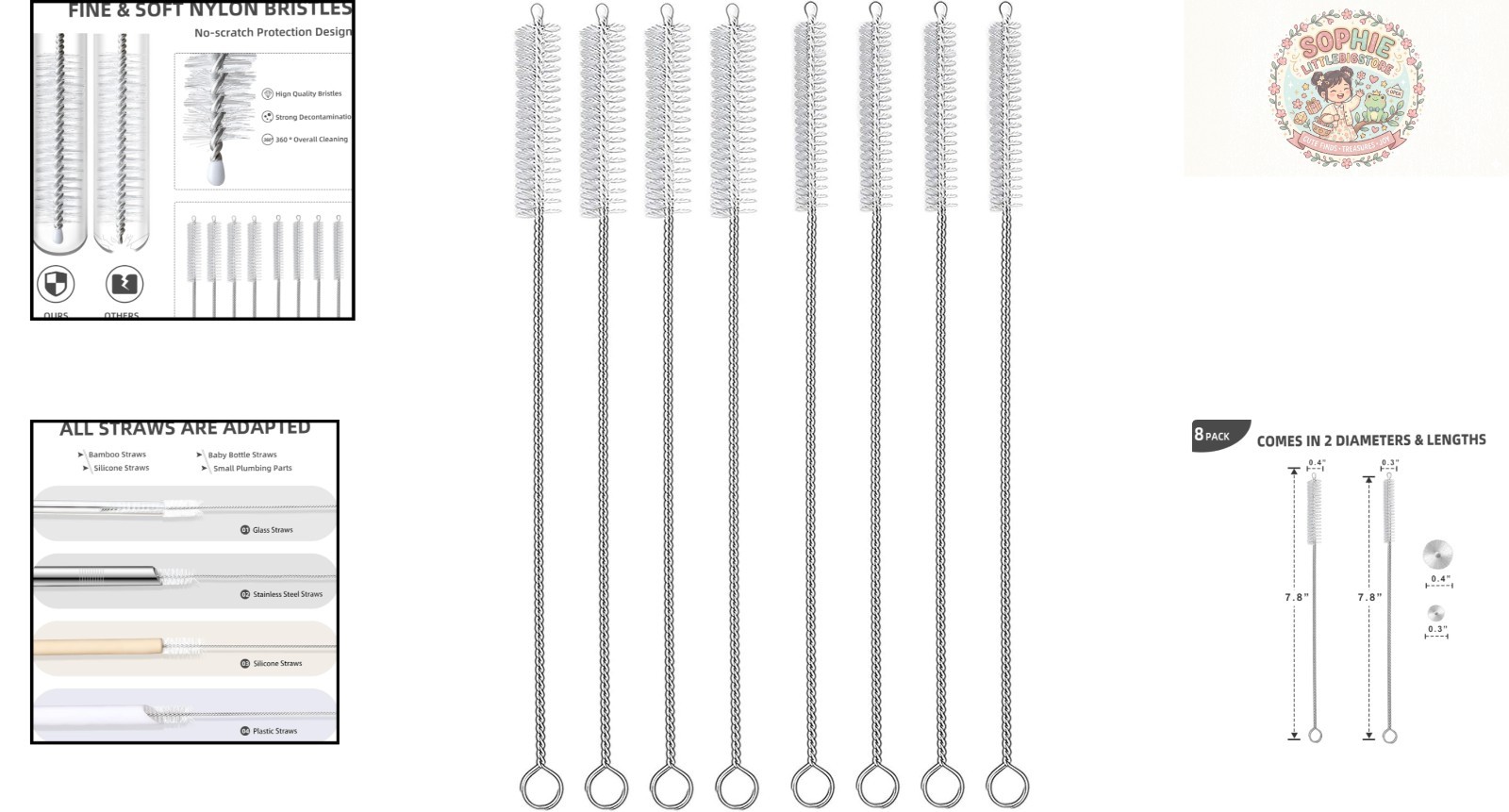 Flexible Nylon Bristle Brush Set for Straws, Pipes & Hummingbird Feeders – 8 pcs