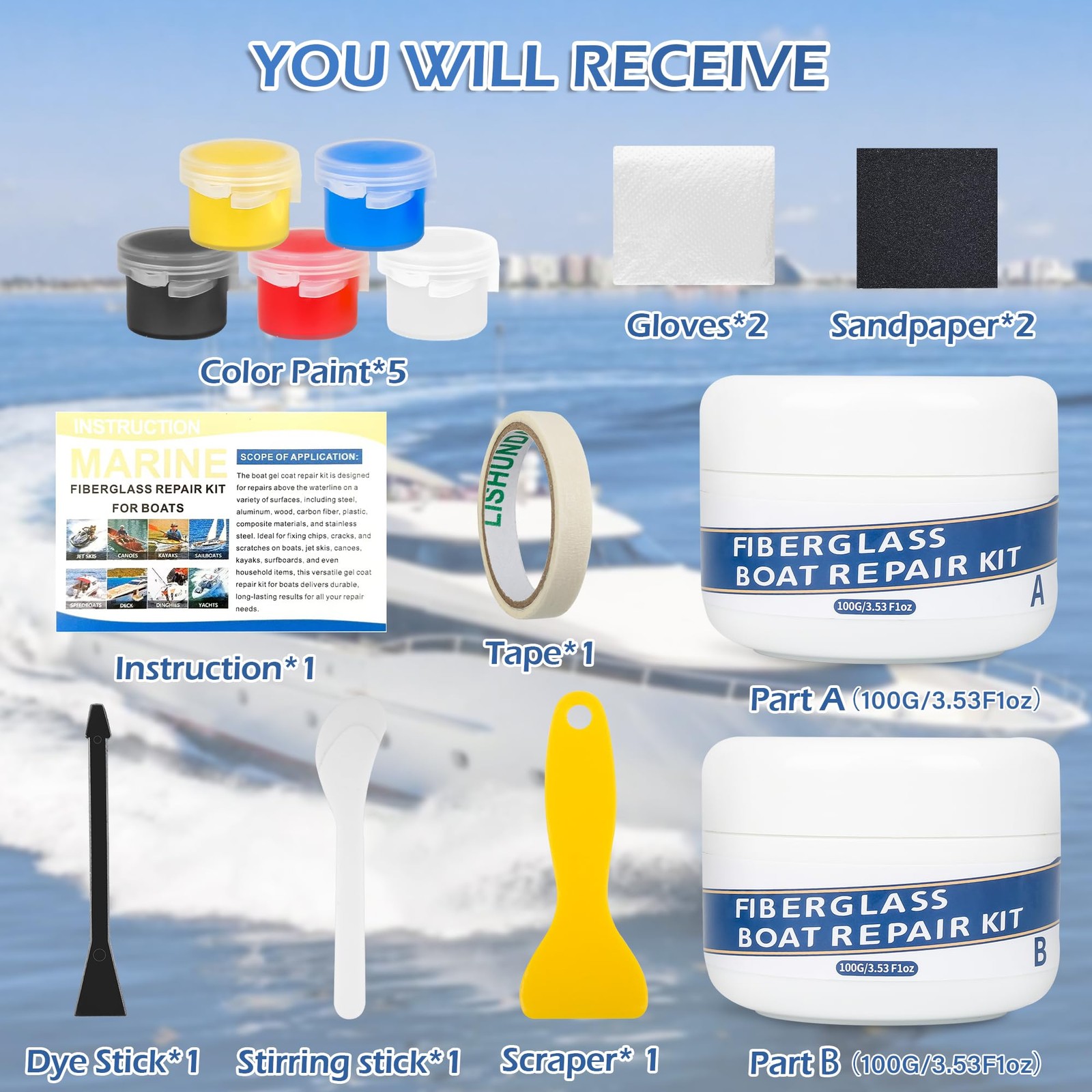 Marine Fiberglass Repair Kit for Boats, 200g/7.06oz Gel Coat Kepair kit for B…