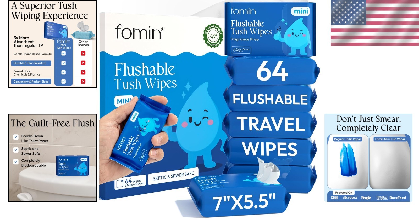 Luxury Flushable Wipes – 64 Count Unscented, pH Balanced for Sensitive Skin