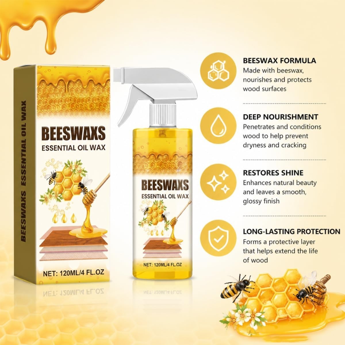 Beeswax Wood Polish Spray, Natural Furniture Cleaner & Restorer, Removes Scra…