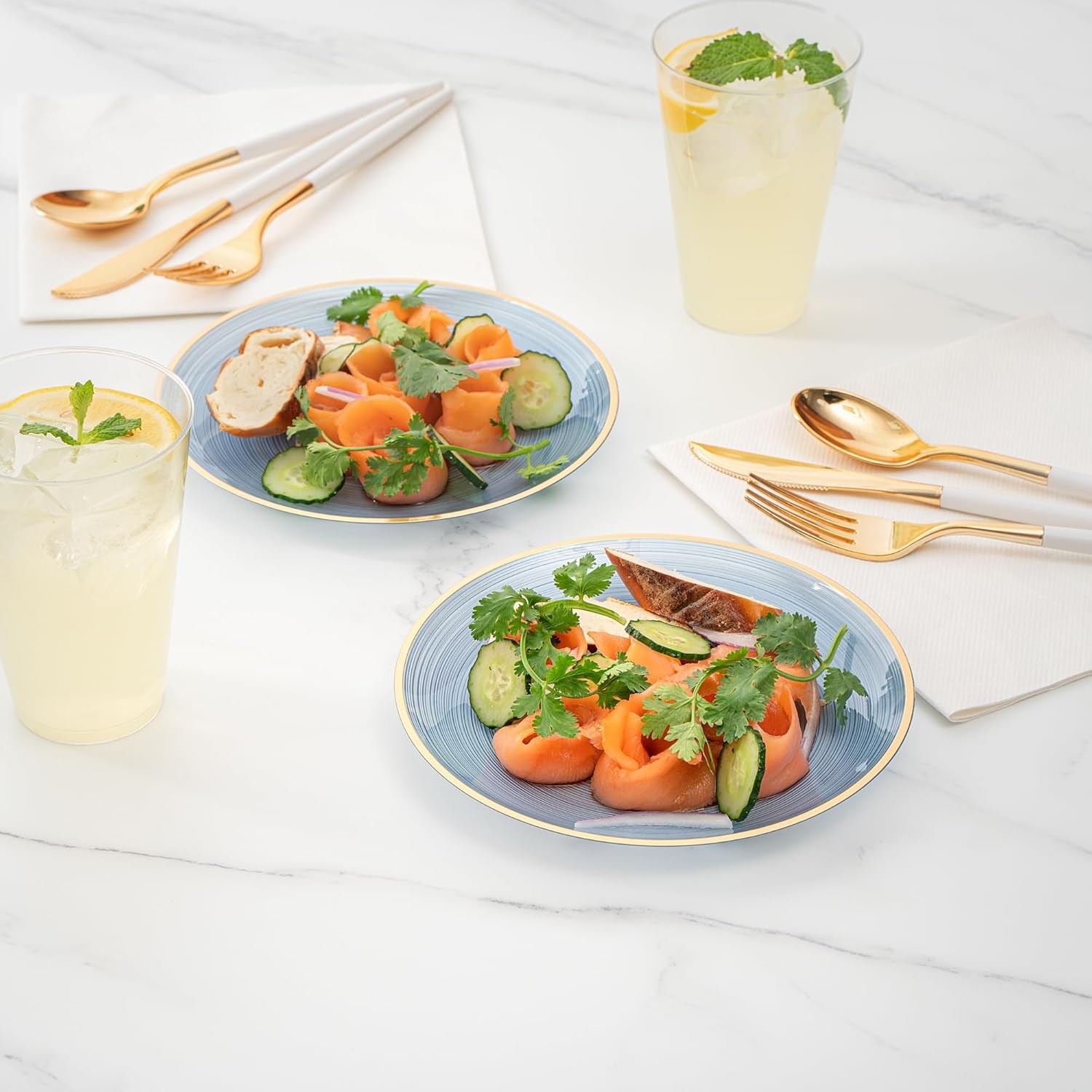 Restaurantware Plastic Plates 100 Pcs 7.25″ Gold Rimmed Disposable Plates Heav