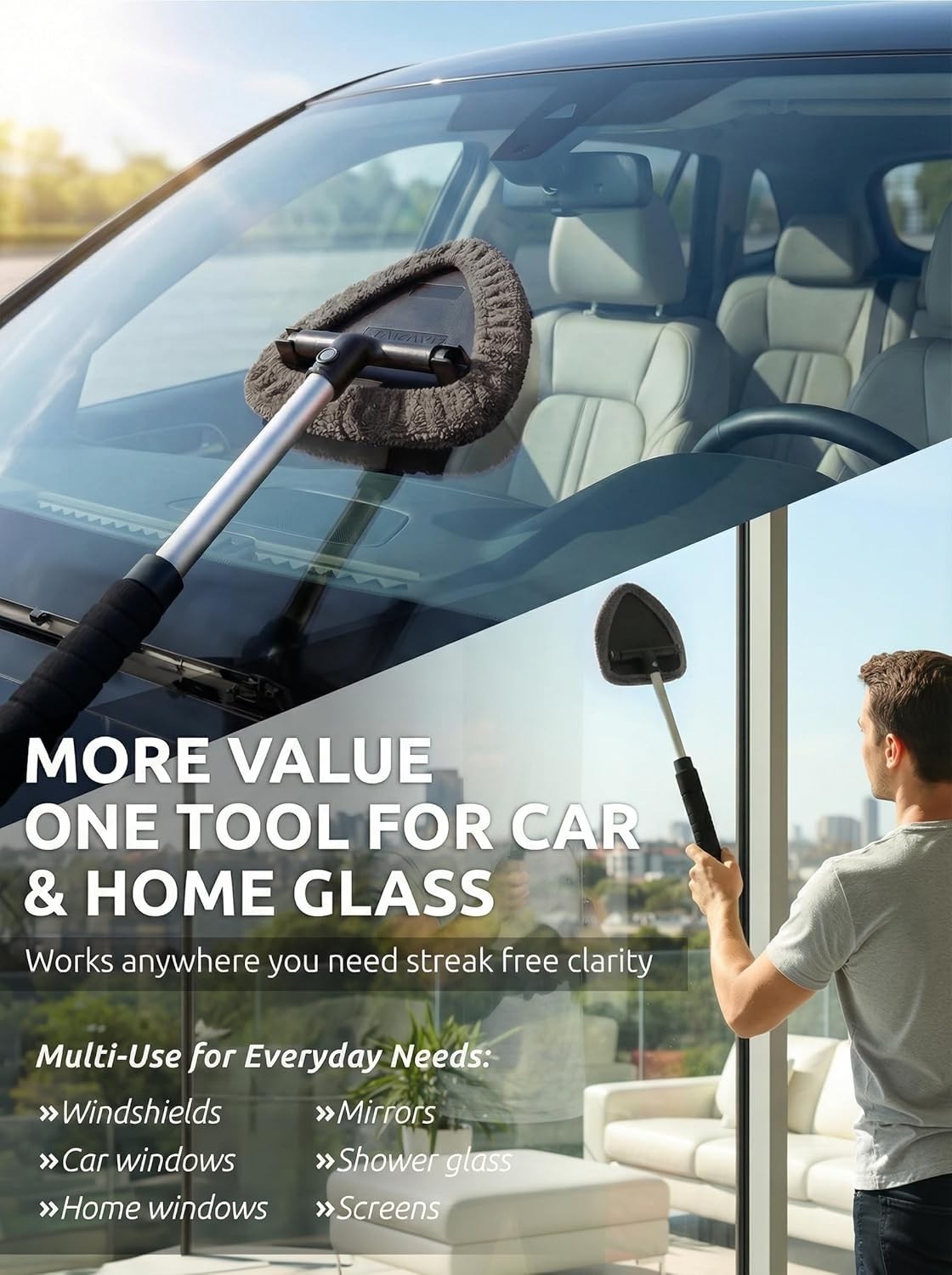 Extendable Car Window Cleaner with Adjustable Head & 3 Microfiber Bonnets – Grey