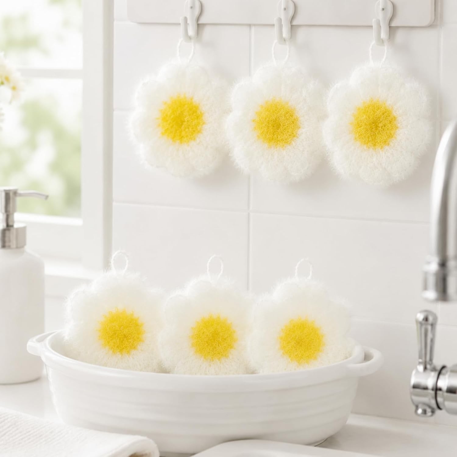 6 Piecs Fun Daisy Shape Dish Sponge Gifts Dual Sided Non Scratch Daisy Dish