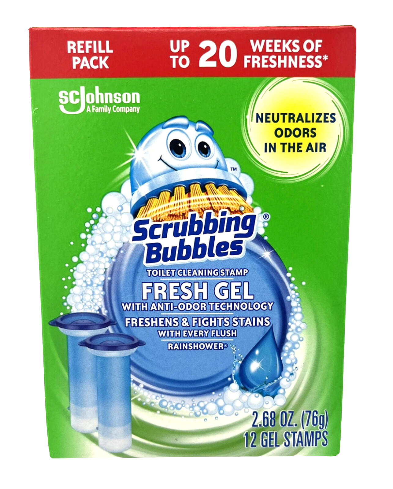 2 X Scrubbing Bubbles Rainshower Toilet Cleaning Stamp Fresh Gel, 12 Refills Ea
