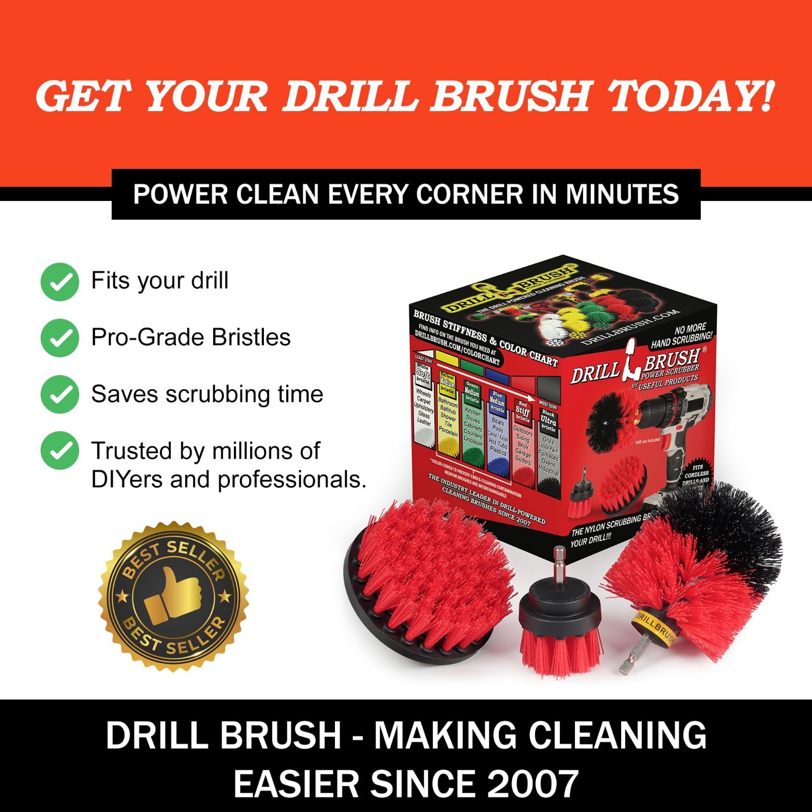 Heavy Duty Stiff Bristle Drill Brush Kit – Power Scrubber for Concrete, Brick, S