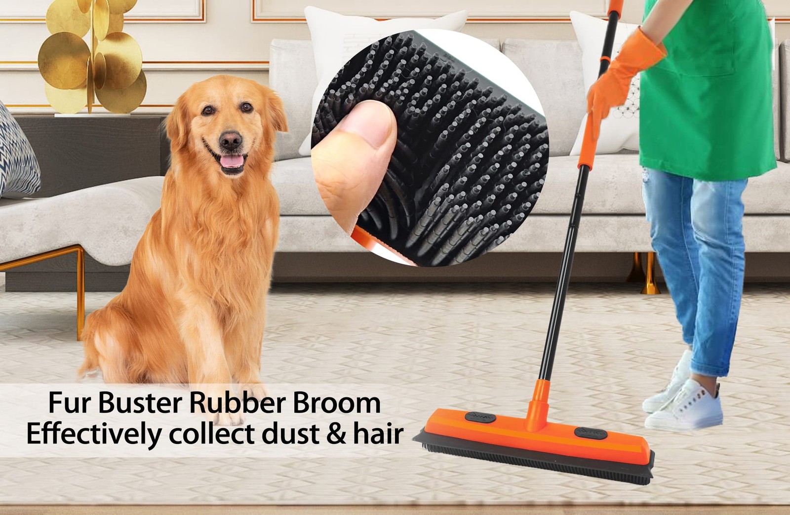 JEHONN Rubber Broom Carpet Rake for Pet Hair Remover, Fur Removal with Squeeg…
