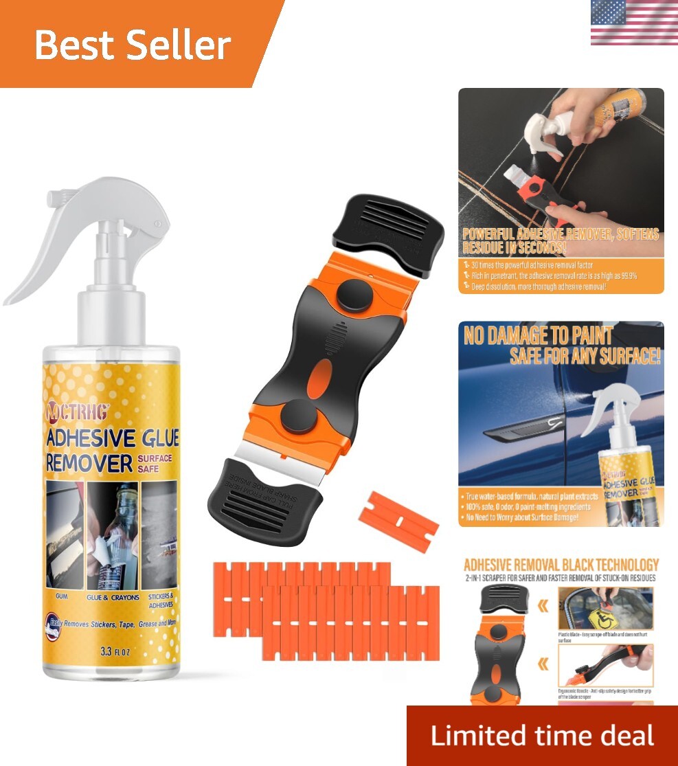Dual-Ended Scraper & 3.3 fl.oz Adhesive Remover Spray – Safe for All Surfaces