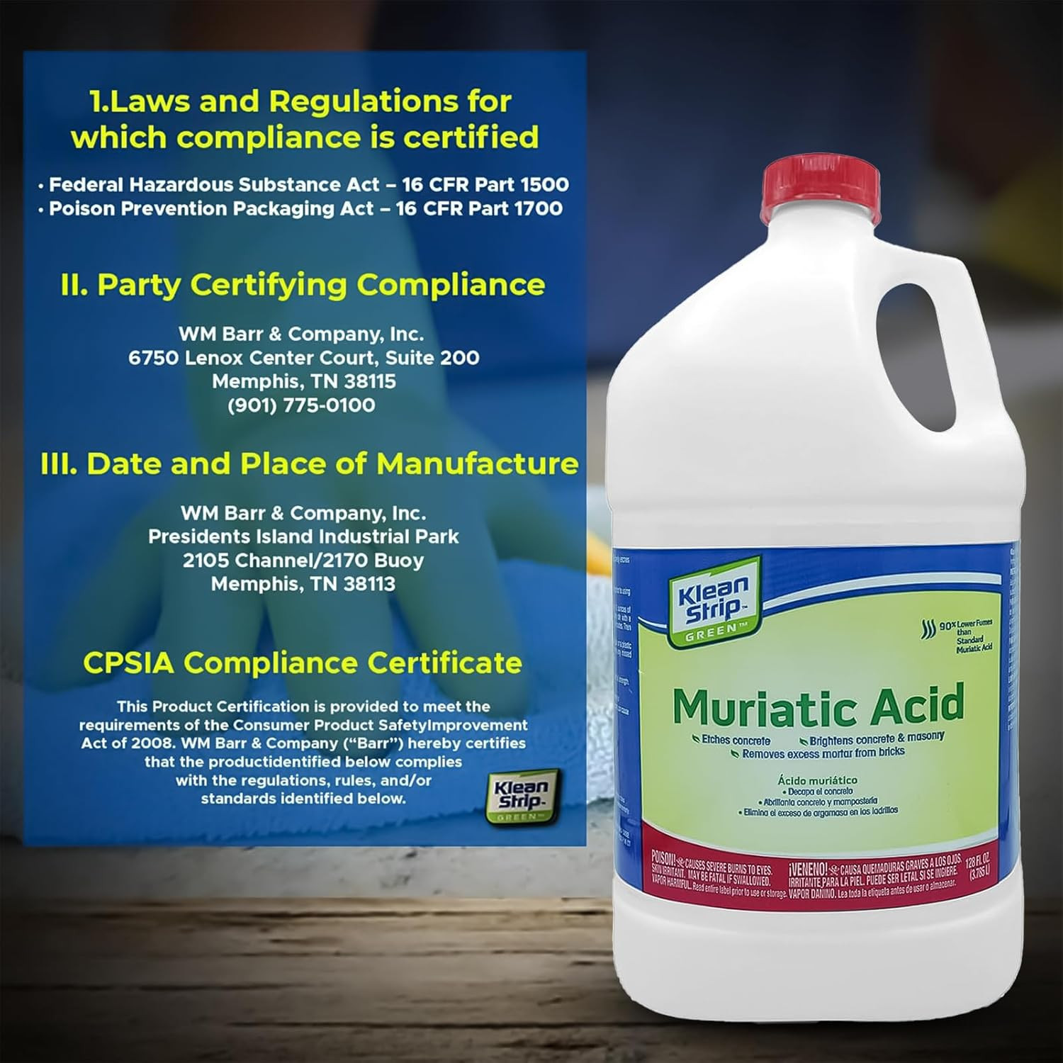 Low Fume Concrete Etcher Klean Strip Green Muriatic Acid– Heavy Duty Concrete, B