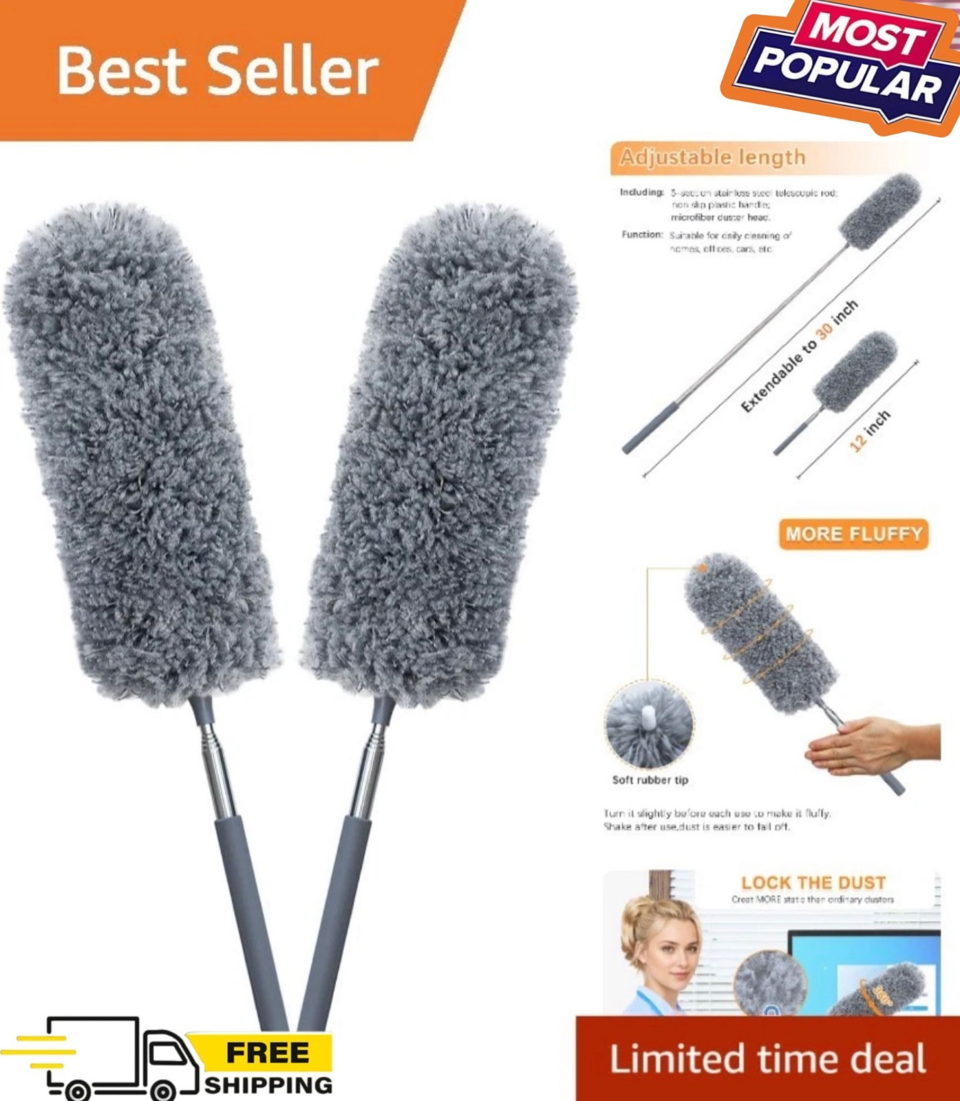 2 Pack Microfiber Feather Duster for Cleaning with Extendable Pole Hand Washable