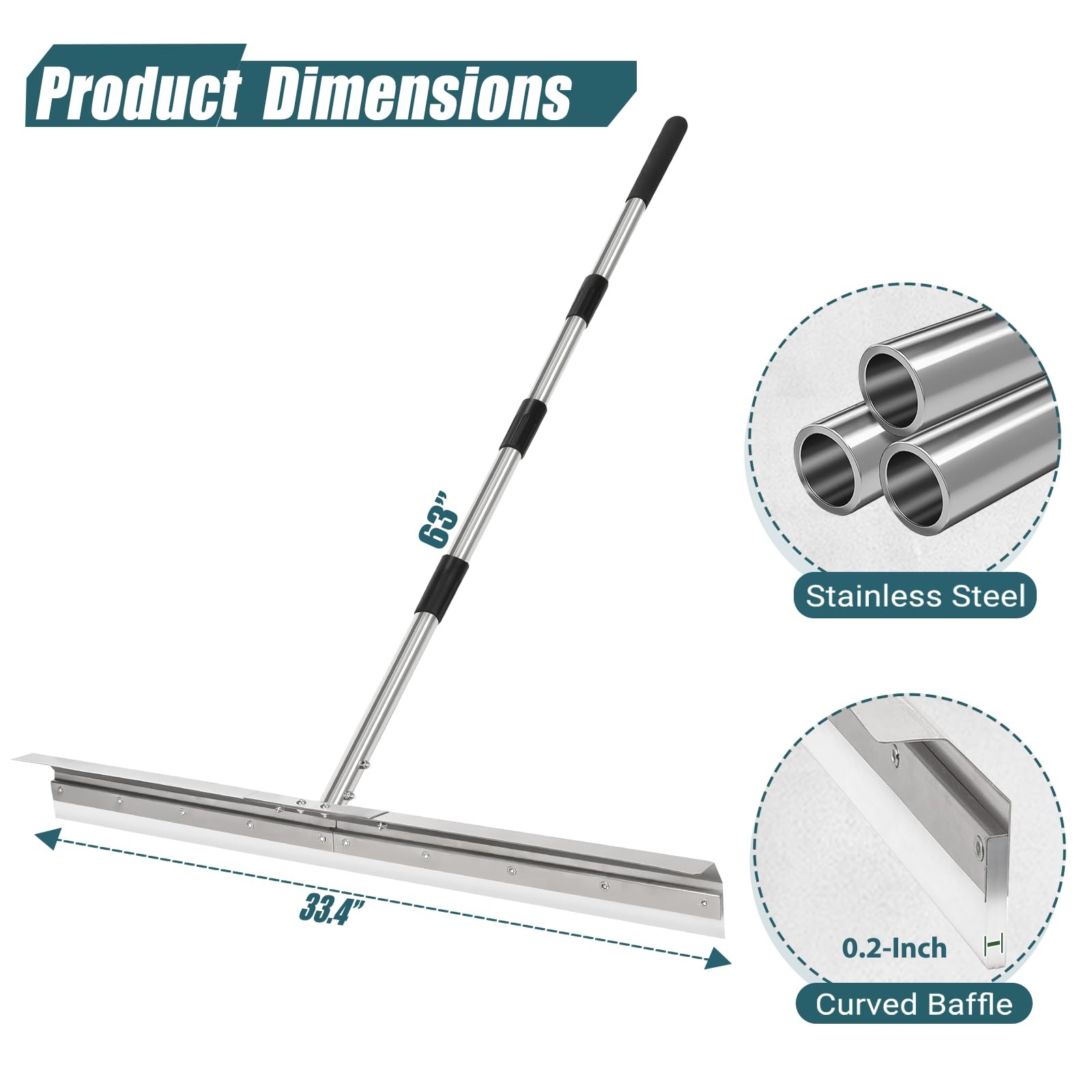 Large Floor Squeegee 33.4 Inch Silicone Blade 63 Inch Handle For Garage