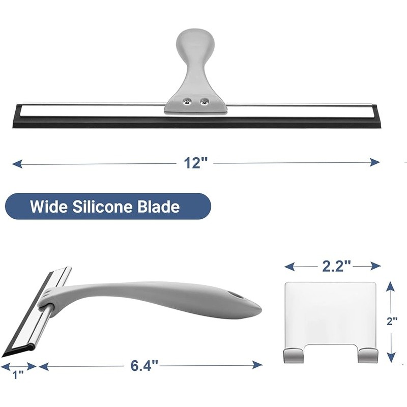 Ergonomic Shower Squeegee W/ Silicone Blade & Adhesive Hook Streak Free Cleaning