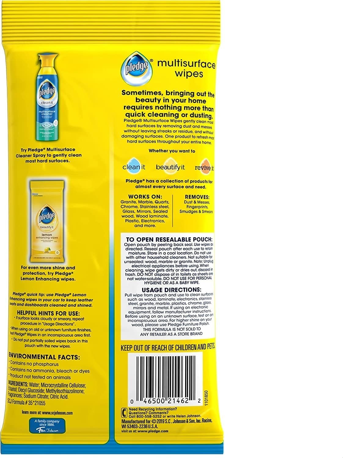 Pledge Multi-Surface Cleansing Wipes, Fresh Citrus – Pack of 6, 150 Total Wipes