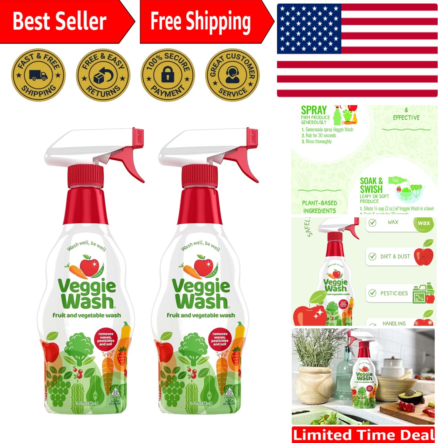 Eco-Friendly Fruit & Vegetable Cleaner – Two 16oz Sprays for Safe, Clean Produce