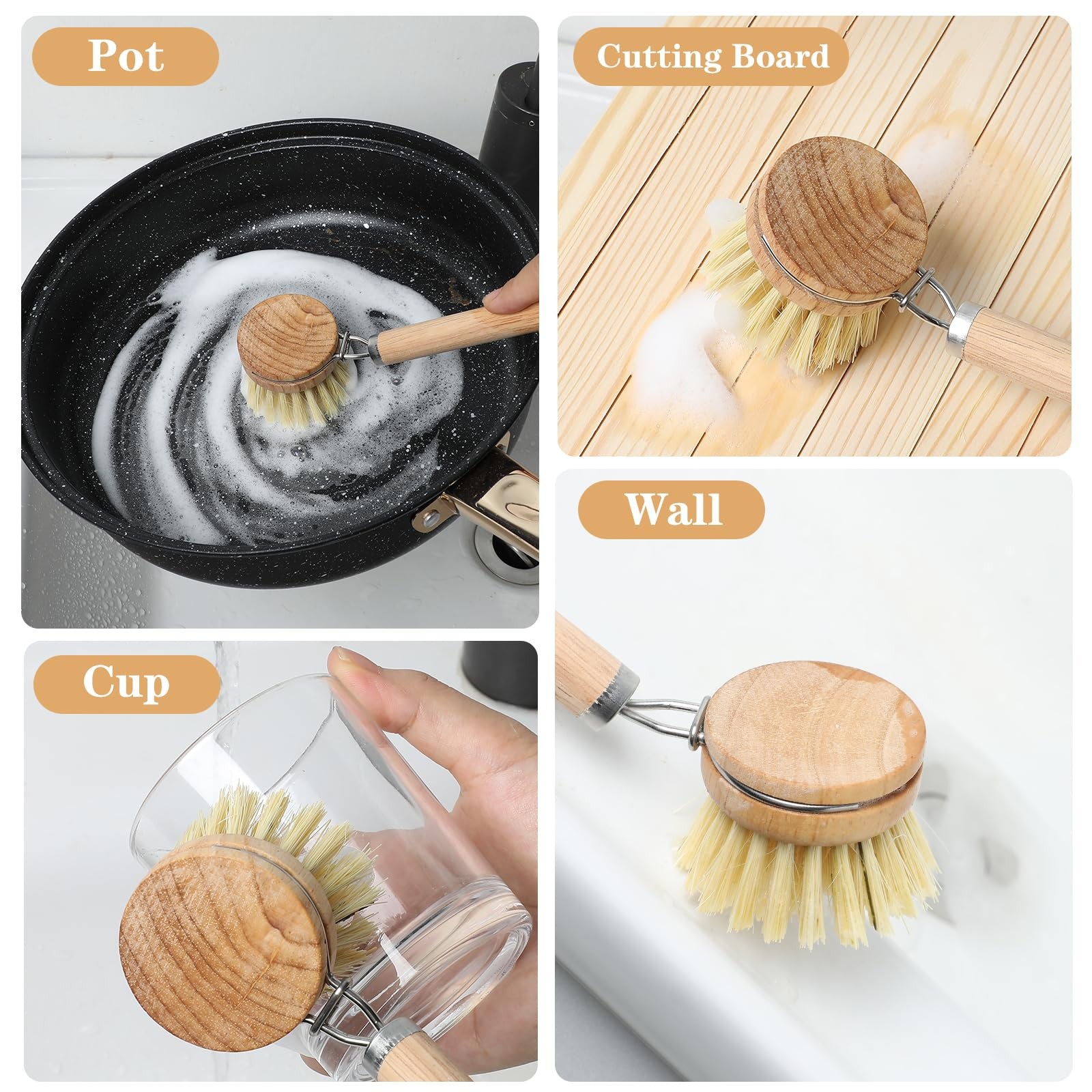 Bamboo Dish Brush with Handle, 10 Pcs Replacement Heads Wooden Kitchen Brush …