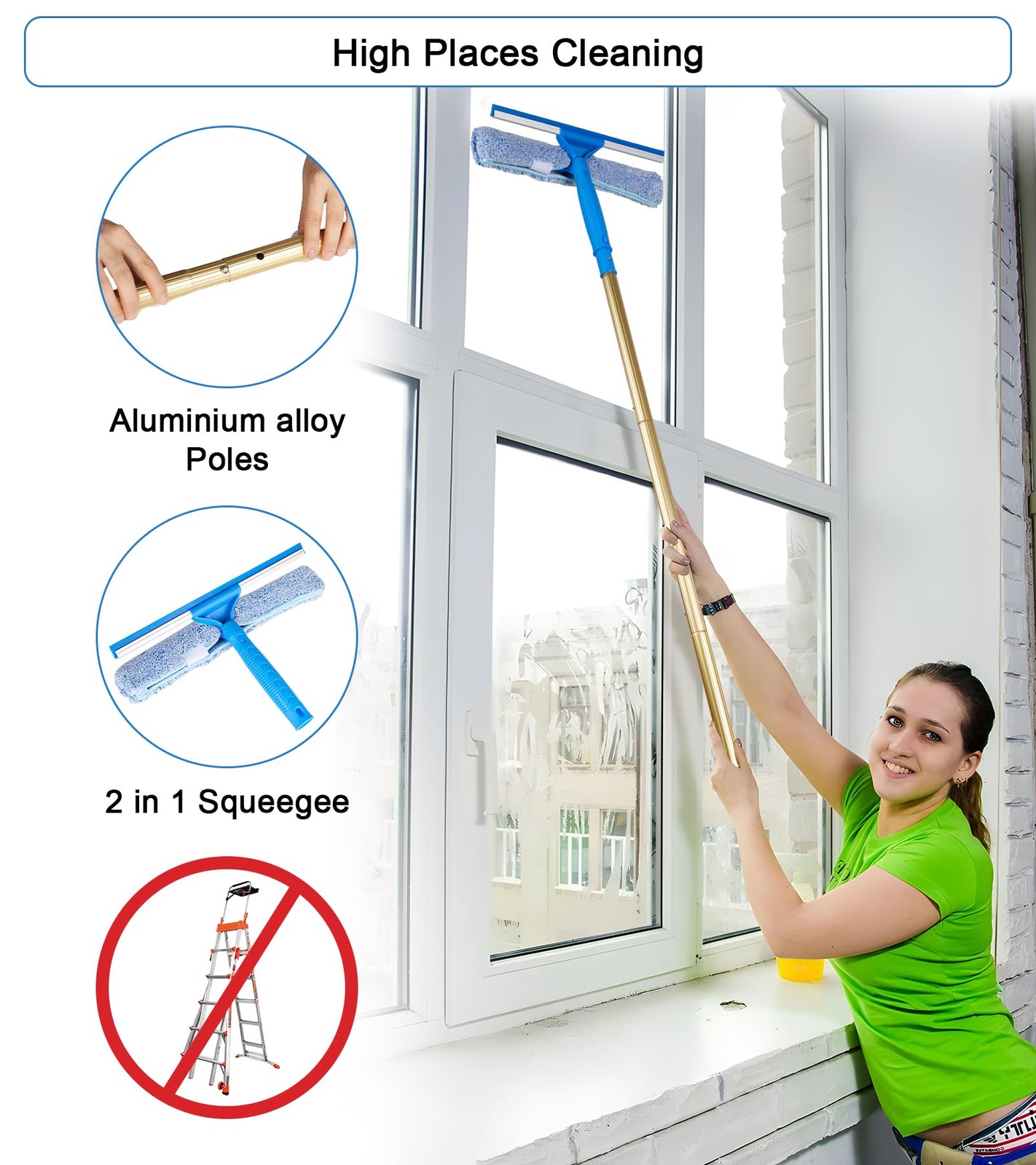 2 in 1 Window Squeegee Cleaning Kit with Aluminum Alloy Extension Poles Scrubber