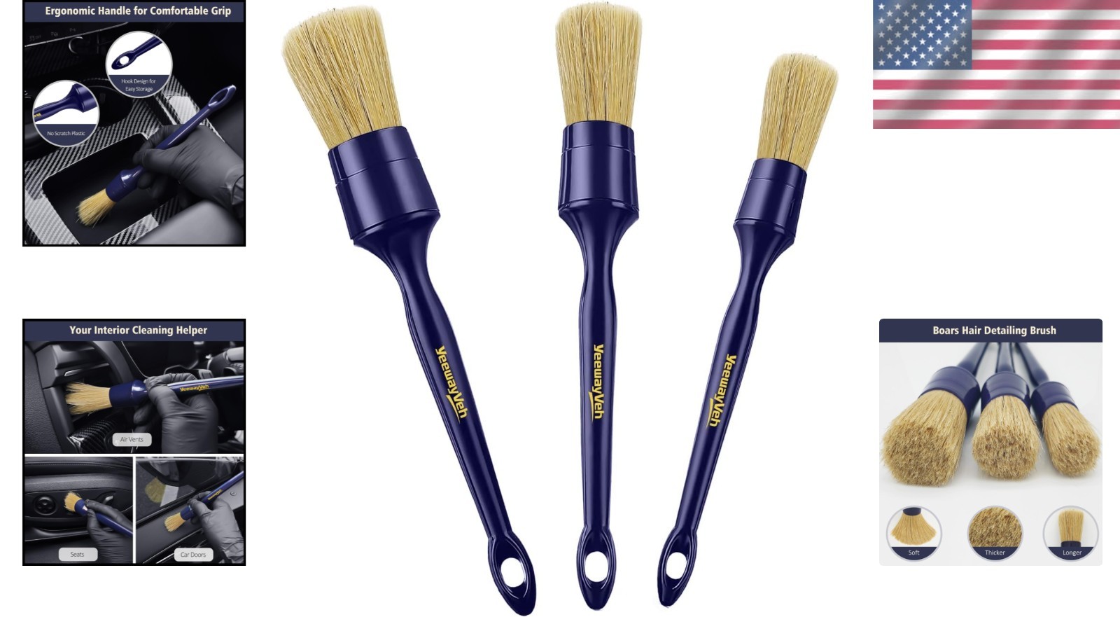 Car Detailing Brush Set, 3 Pack Ultra Soft Boars Hair Detailing Brushes for