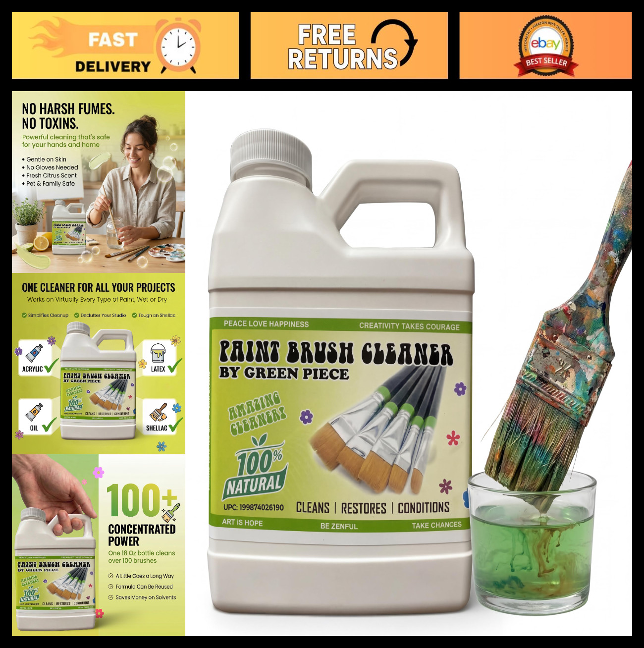 Natural Paint Brush Cleaner & Restorer – Non-Toxic, 18 Oz – Cleans Acrylic, Late