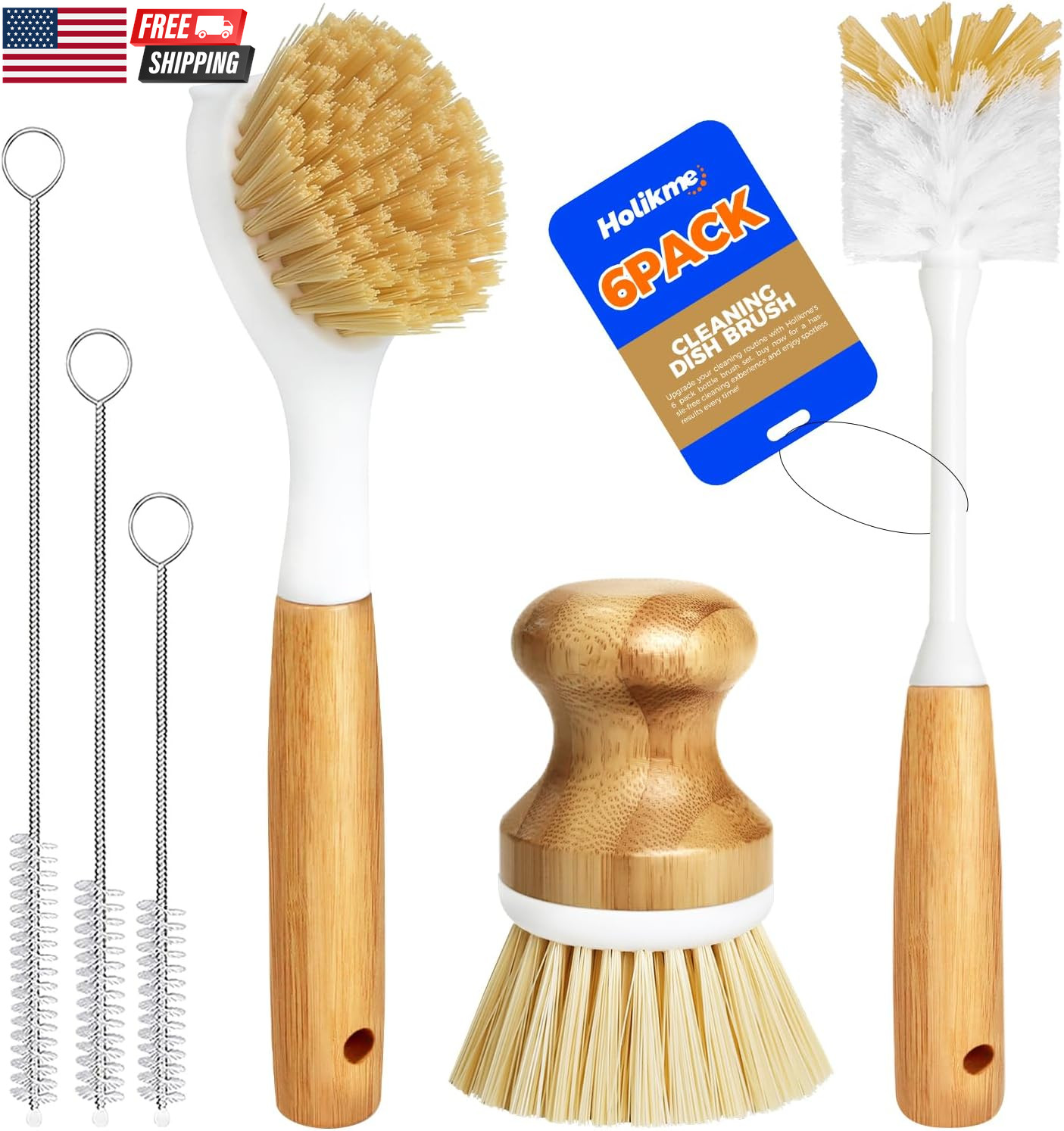 6 Pack Dish Brush Scouring Pad Set with Bottle Brush, Dish Brush, Palm Scrub Bru