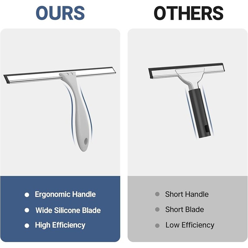 Ergonomic Shower Squeegee W/ Silicone Blade & Adhesive Hook Streak Free Cleaning