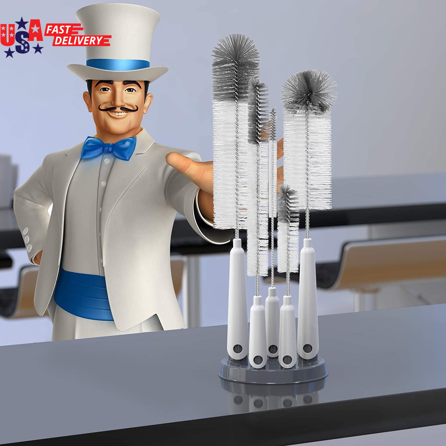 5 Pack Bottle Brush Cleaning Set with Storage Holder, Cleaning Brushes for Long