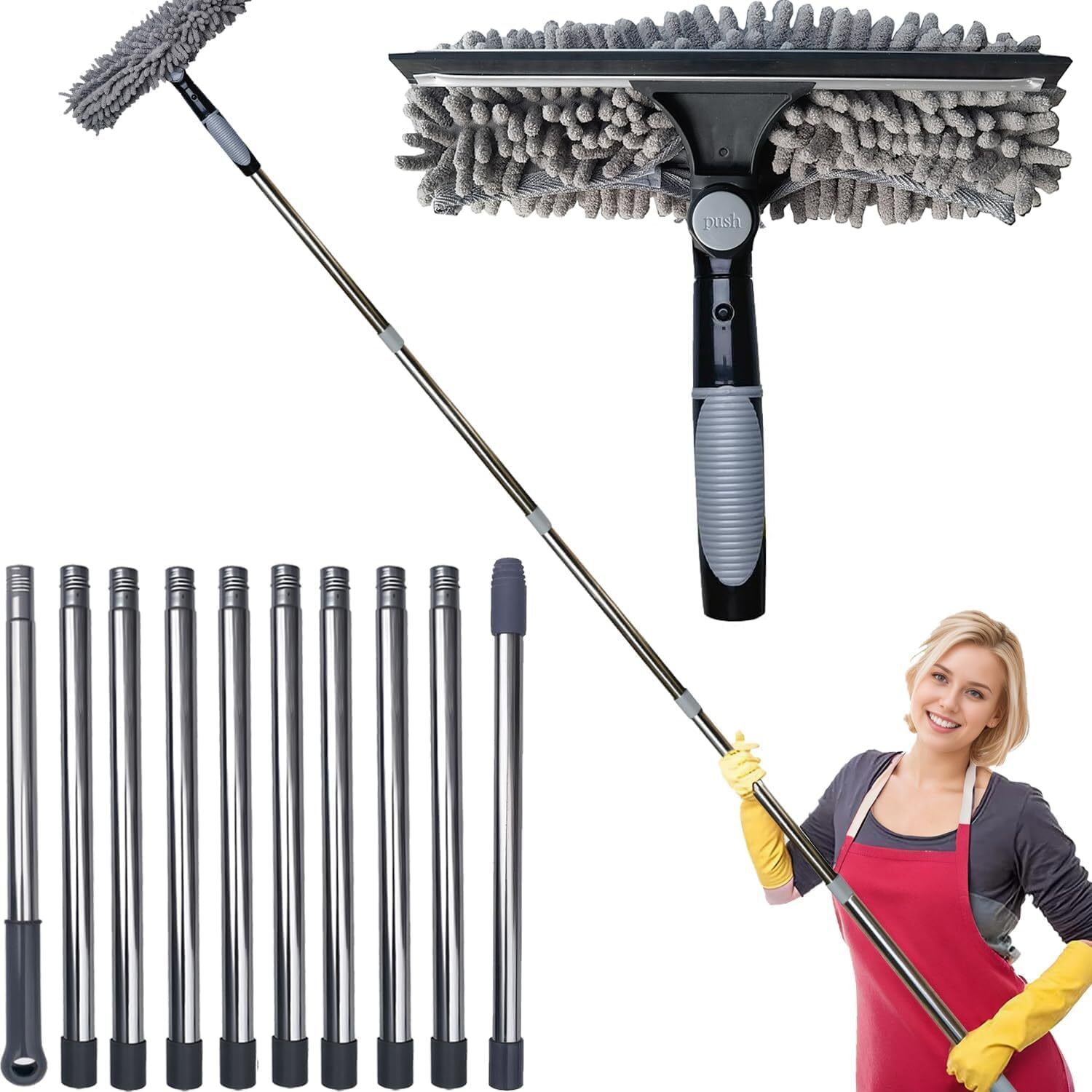 2 in 1 Rotatable Squeegee Window Cleaning Duster with 3-14 Ft Spliceable Extensi