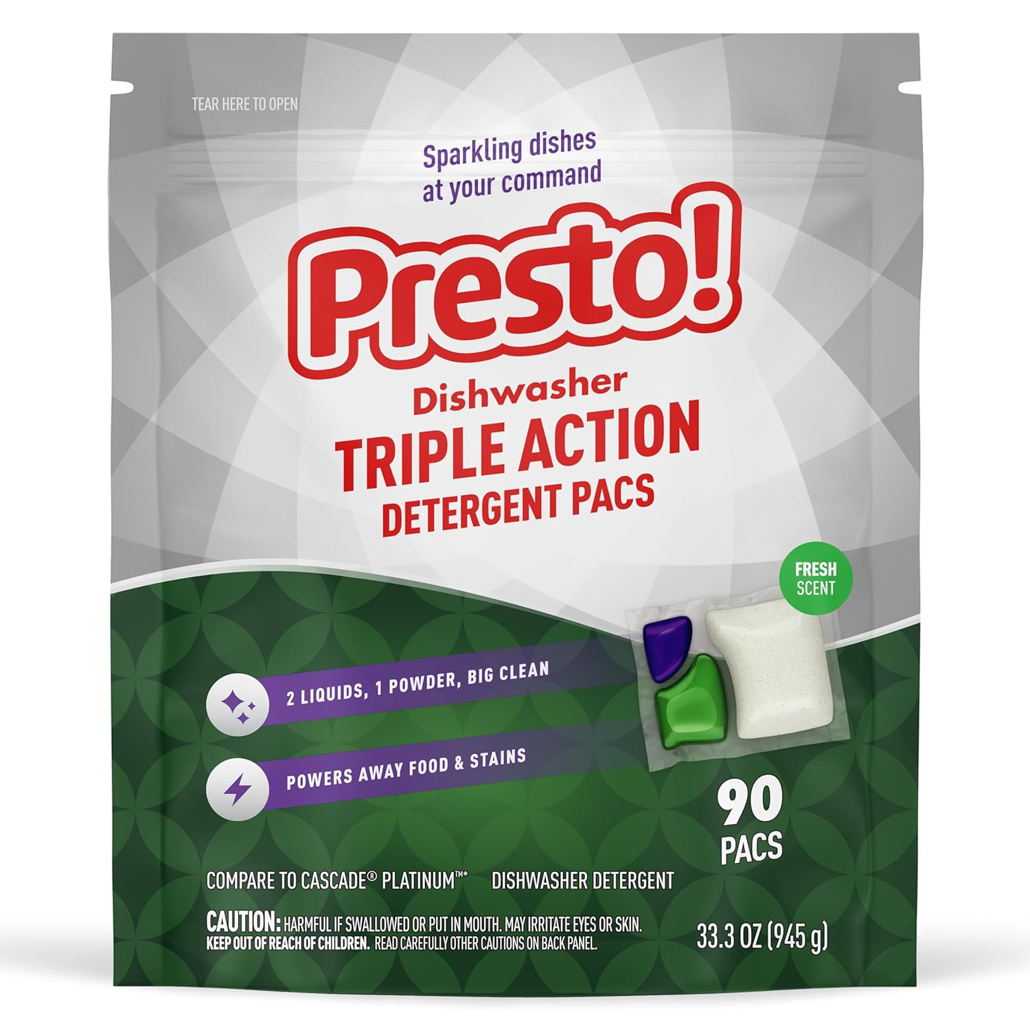 Amazon Brand – Triple Action Dishwasher Pacs, Fresh Scent, 90 Count