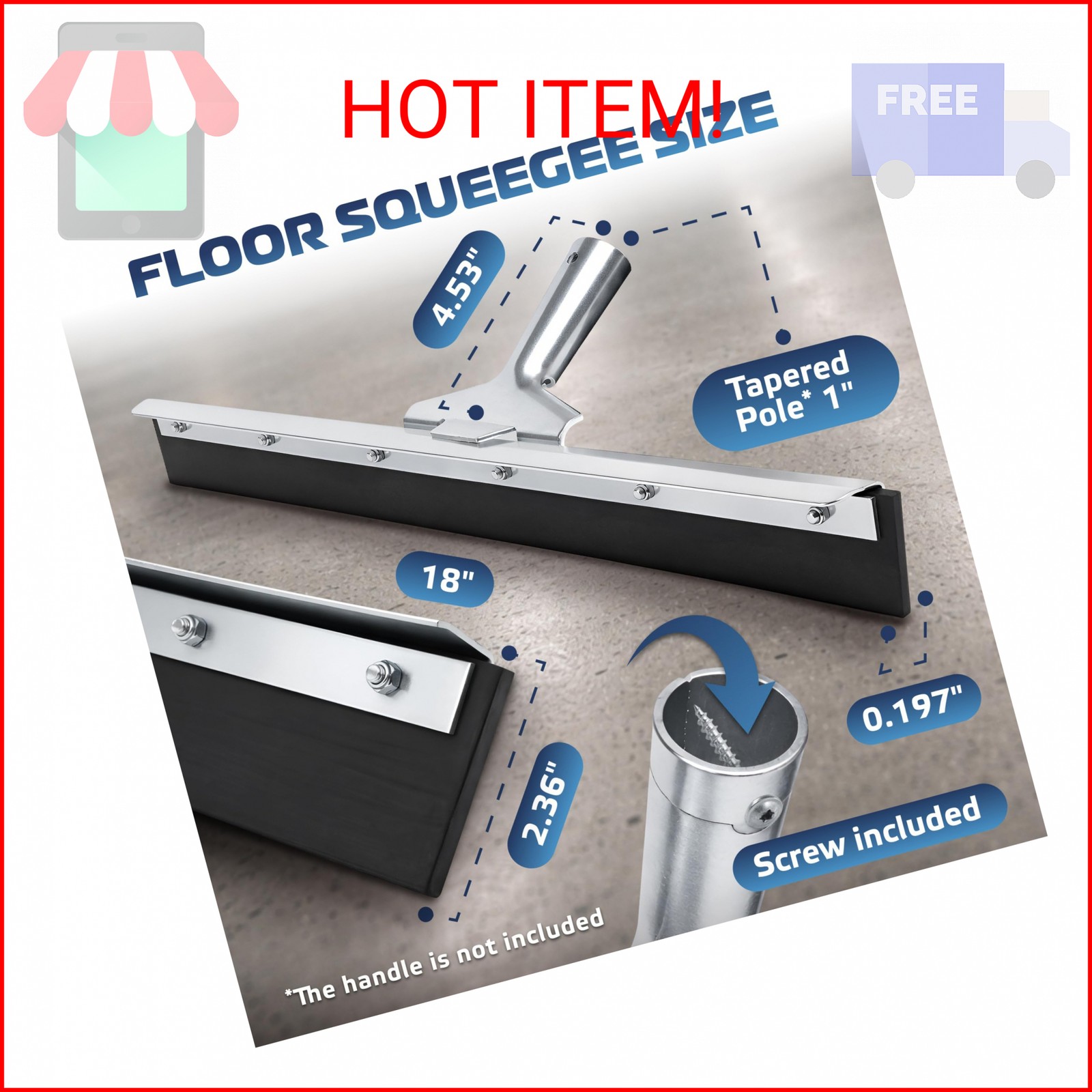 DSV Standard Garage Floor Squeegee 18’’, Neoprene Blade Asphalt Squeegee, Taper