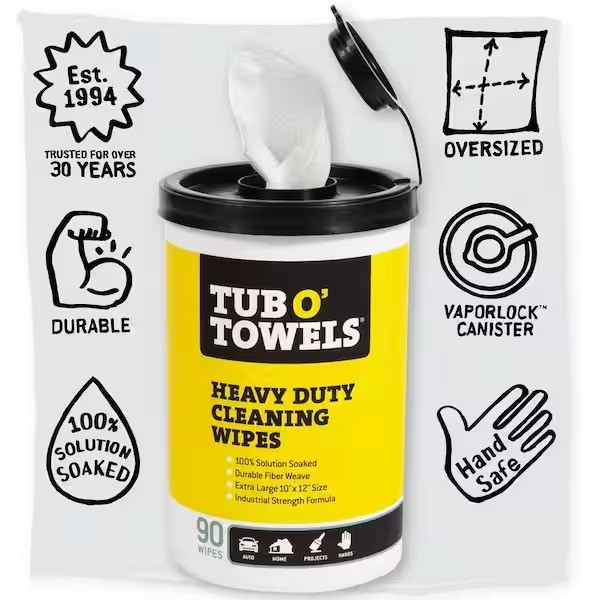 Tub O’ Towels Citrus Scent Heavy-Duty Cleaning Wipes (90-Count) contains lanolin