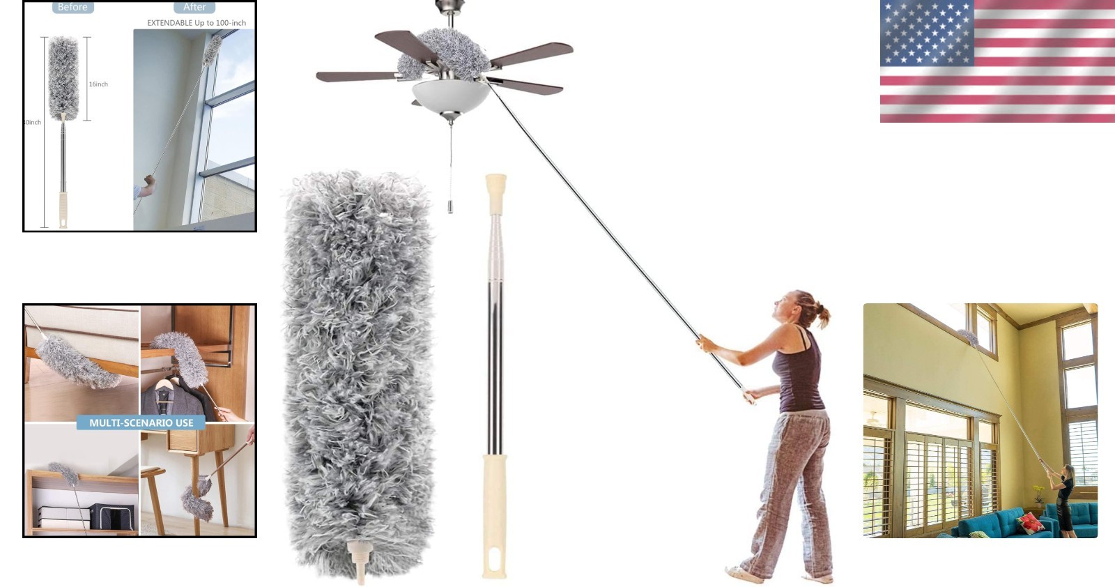 Extendable Microfiber Duster 30-100” with Bendable Head for Pristine Cleaning