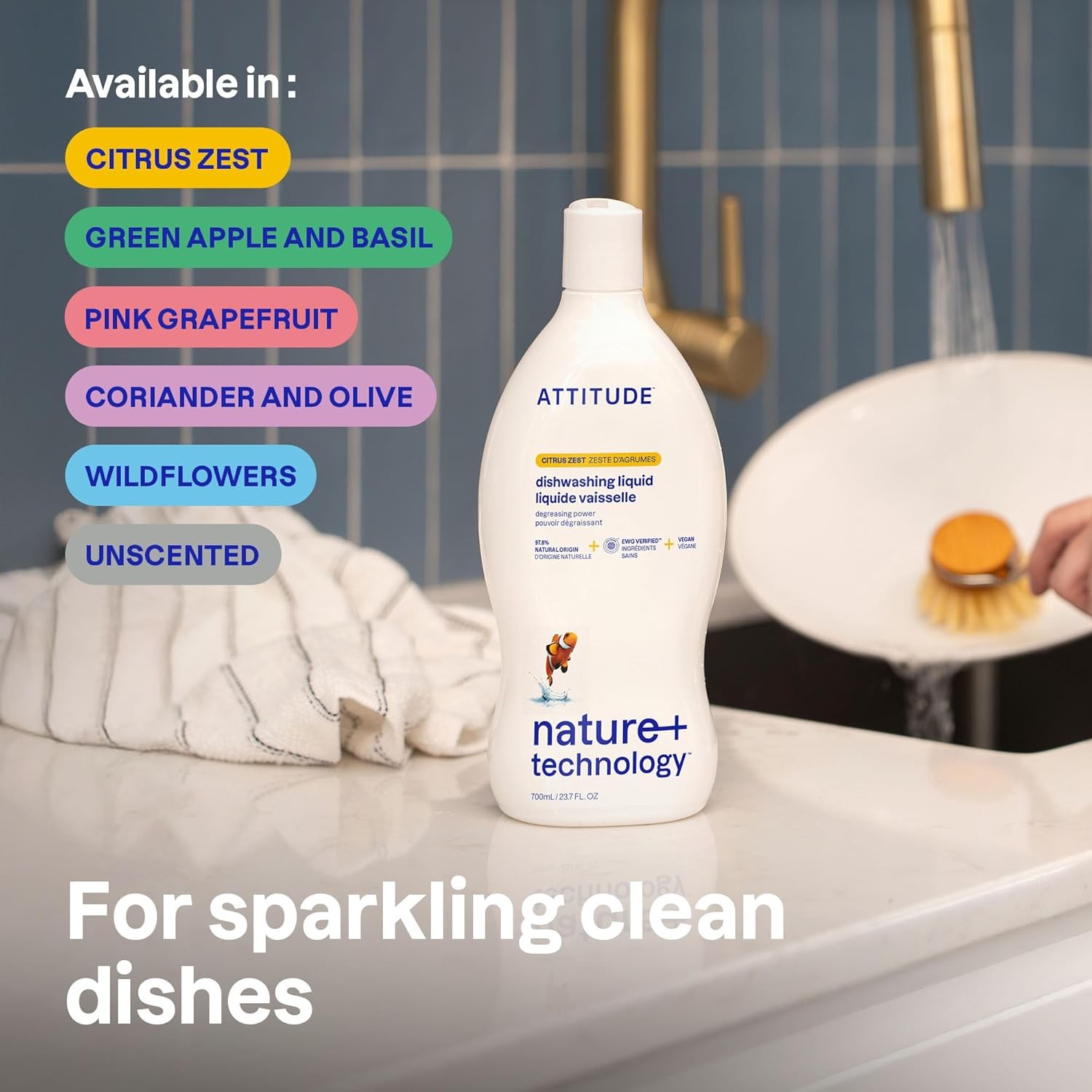 ATTITUDE Dish Soap Citrus Zest Plant-Based Vegan Dishwashing Liquid 23.7oz