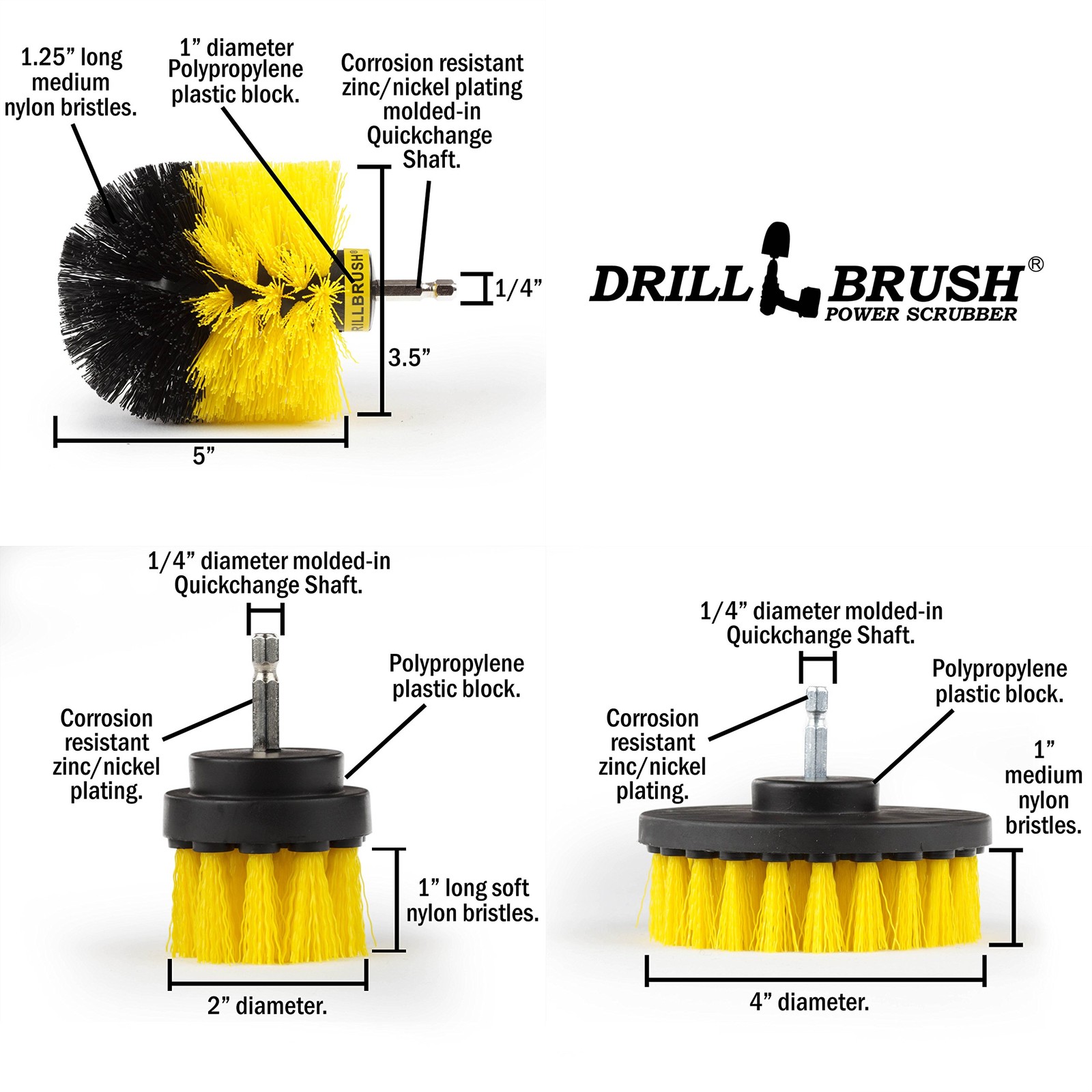 Drillbrush Drill 2in, 4in, 3.5in corner brush, All Purpose Medium Yellow