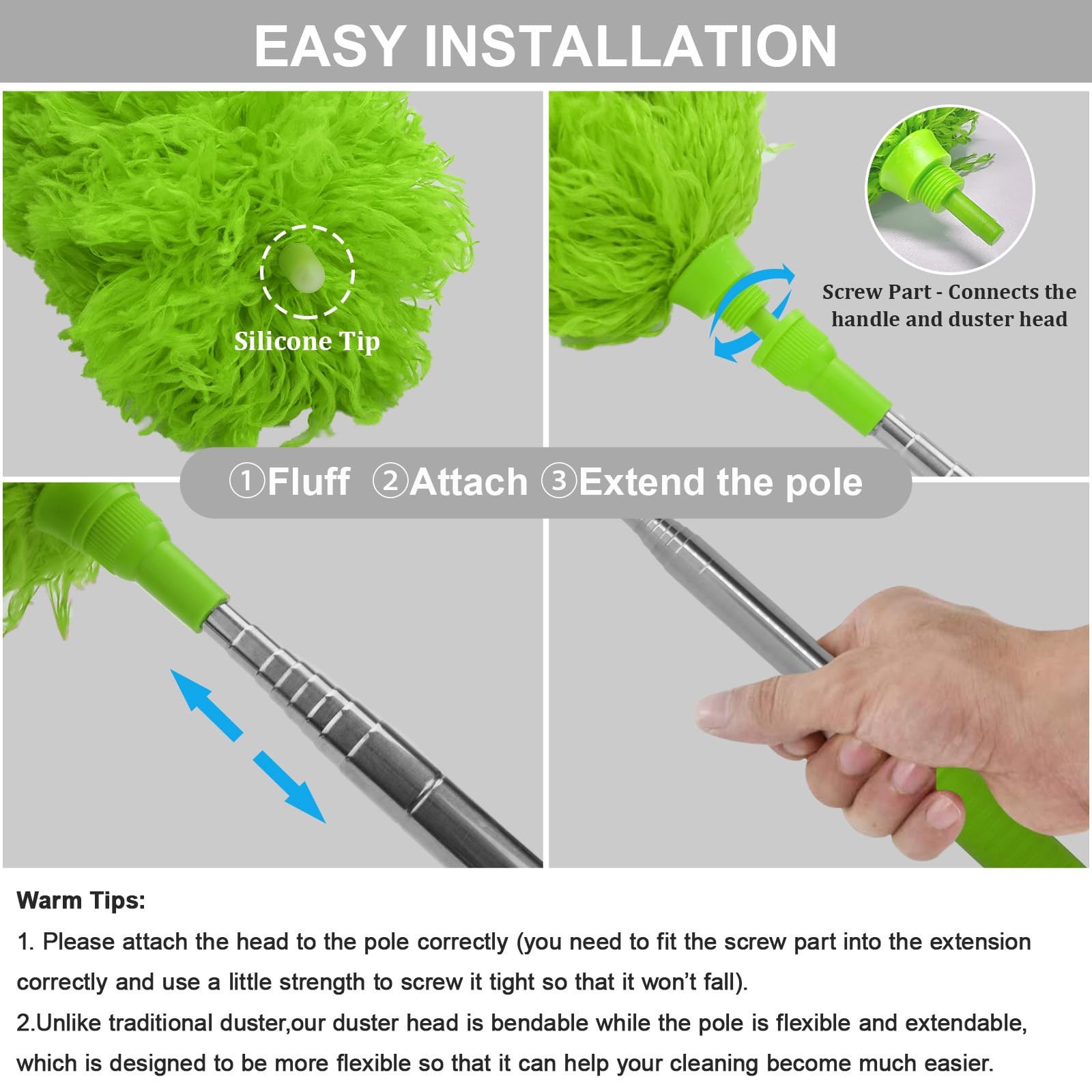 Microfiber Feather Duster Extendable 100 Inch Extra Long Pole Bendable Head