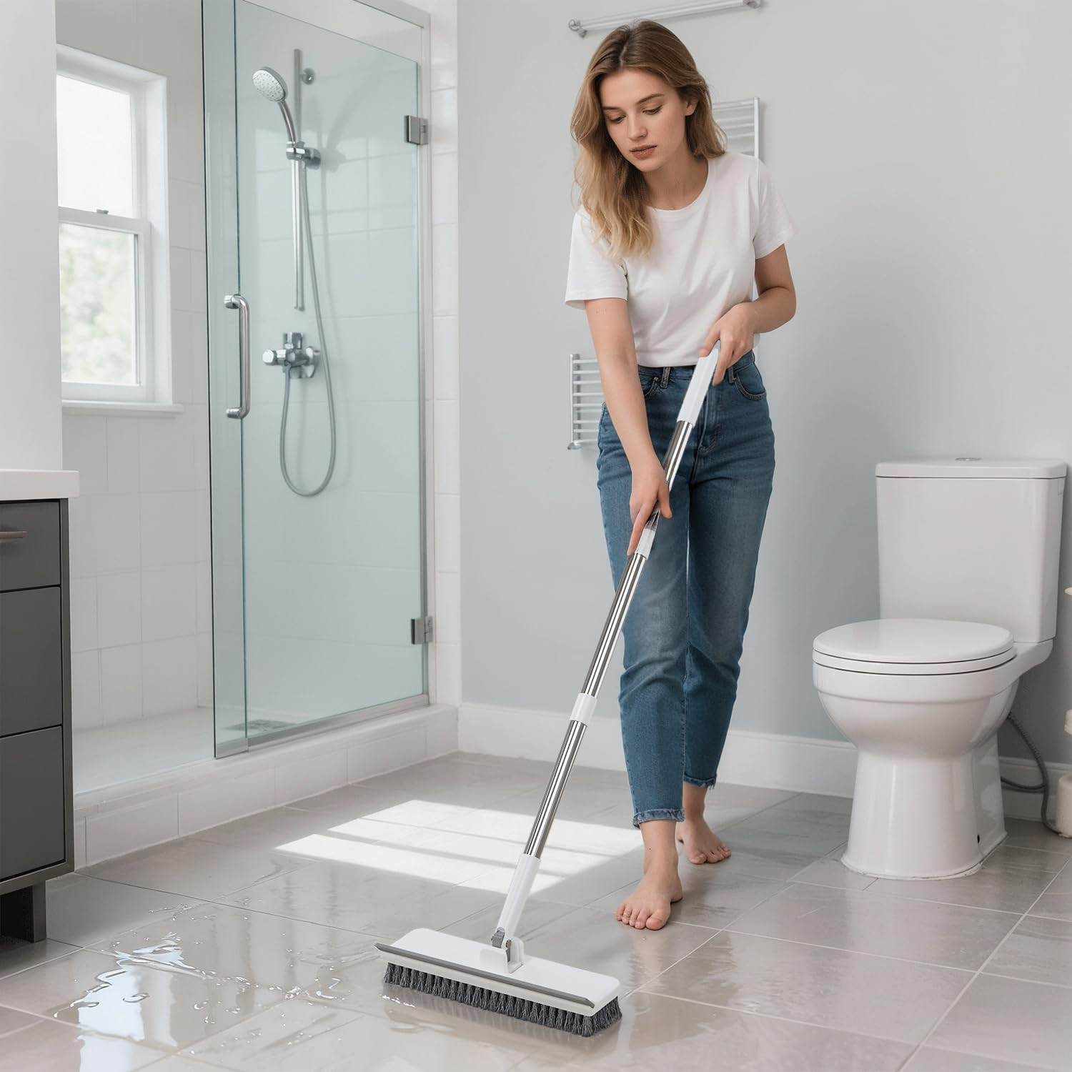 Floor Scrub Brush with 55″ Long Handle, 2-In-1 Floor Brush with Built-In Squeege