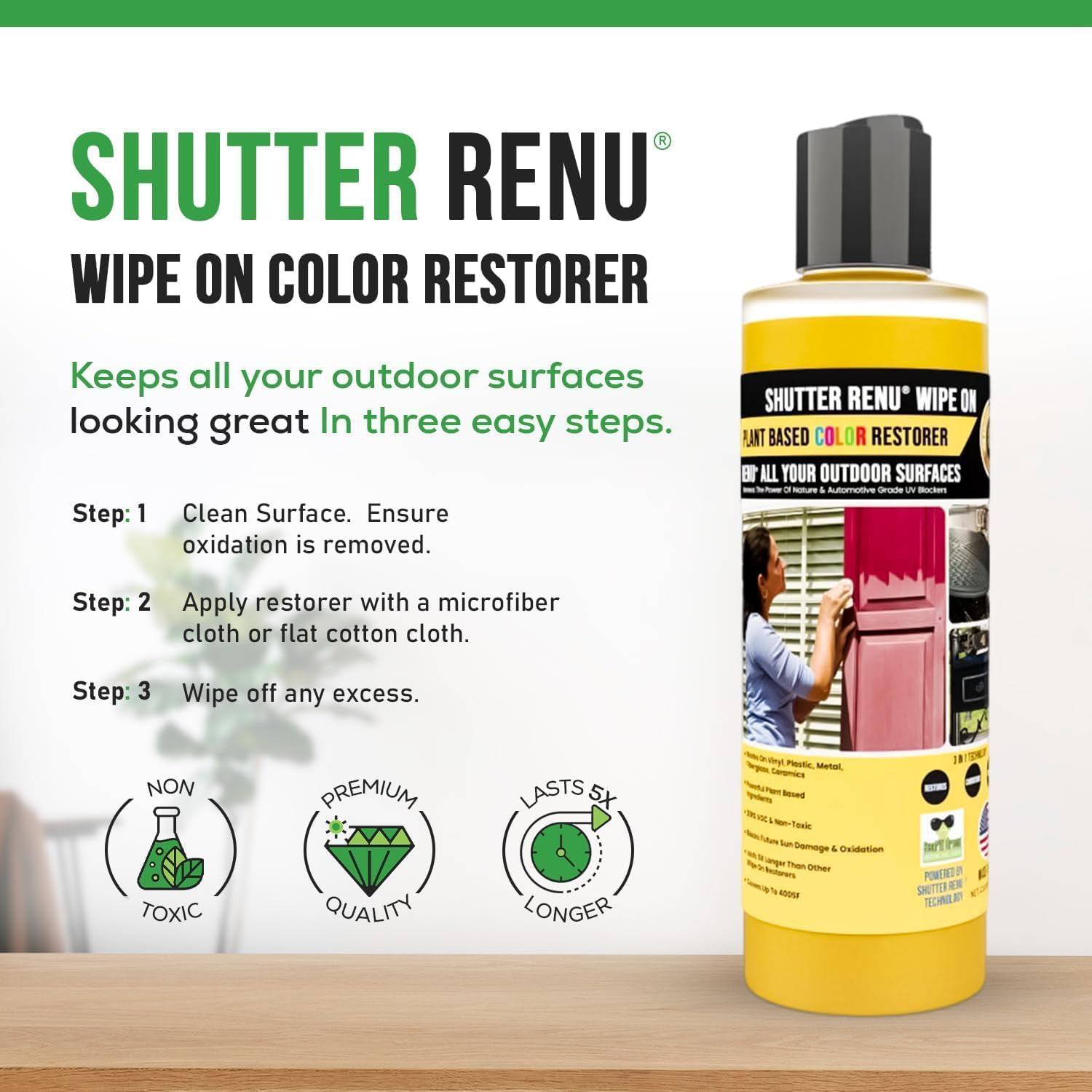 Wipe on | Advanced Color Restorer & Protectant for Faded Shutters | Plastic Car