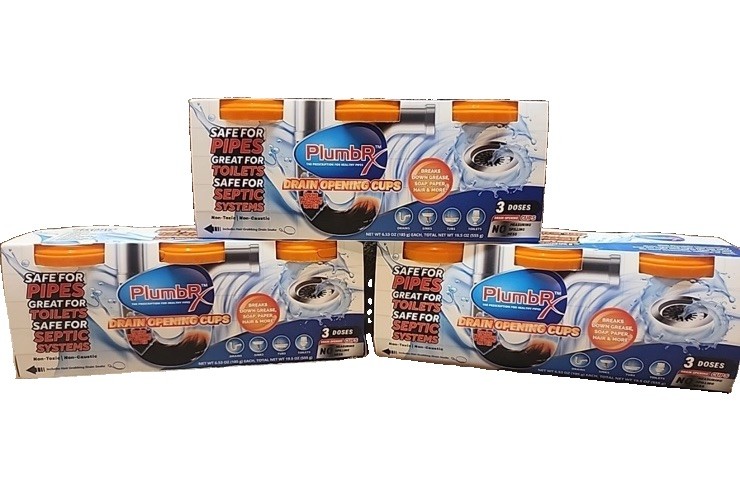 Lot of 3 Packages: PlumbRx Drain Opener Powder Cups + Hair Snake, 9 Total Cups