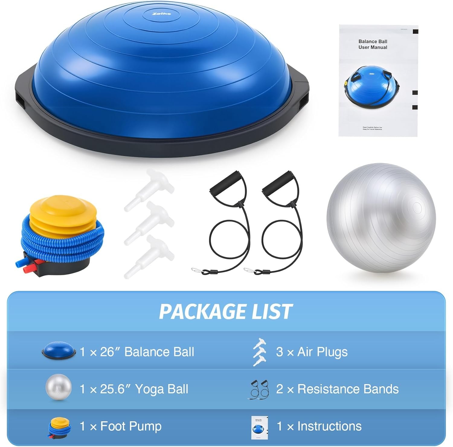 ZELUS 25in. Balance Ball | 660lb Inflatable Half Exercise Ball Wobble Board Ba