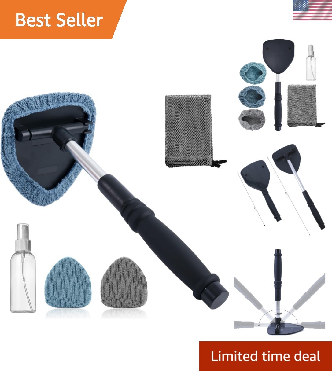 Microfiber Triangle Windshield Tool: Extendable Aluminum Handle & Color Options