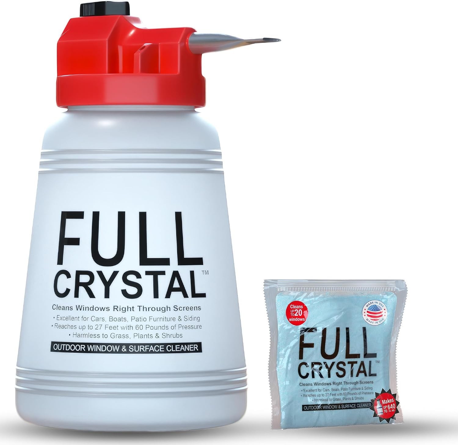 Crystal Window Cleaning Kit – 16 oz Glass Cleaner and Bottle with 27 ft Reach, E