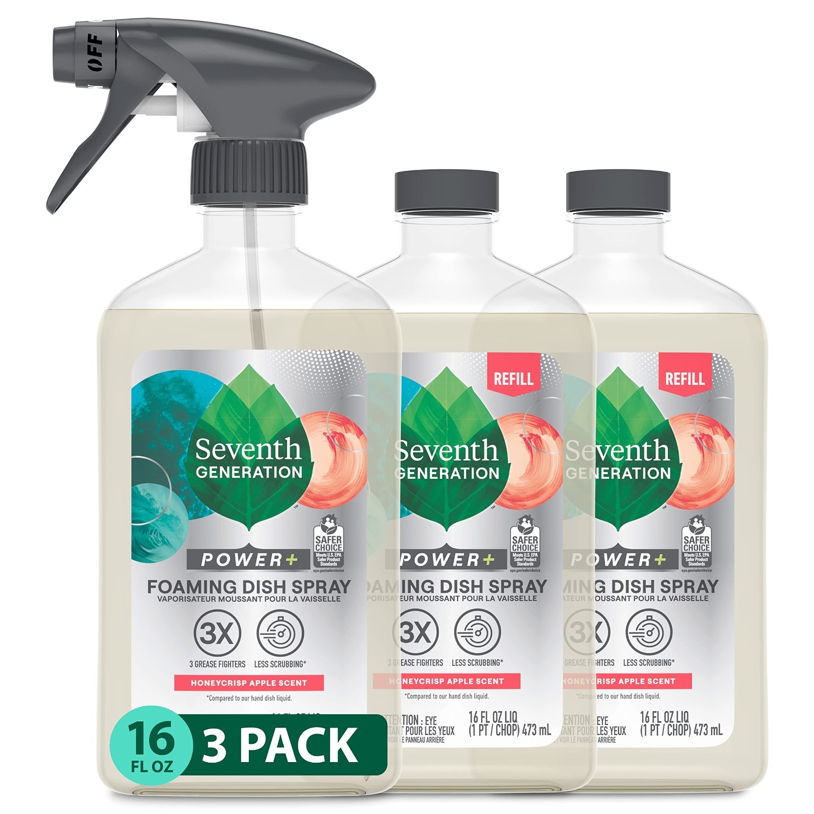 Foaming Dish Spray Refill Pack of 3 – Honey Crisp Apple Scent, 16 Fl Oz Each