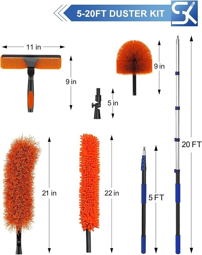 26 Foot High Reach Duster Kit 5-19 ft Telescoping Pole Ceiling Cobweb Cleaning
