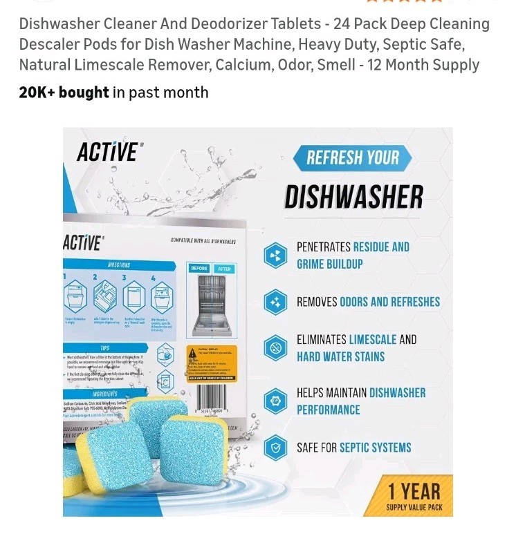 Active Dishwasher Cleaner 24 Tablets Formulated to Deep Clean NEW in Sealed Box