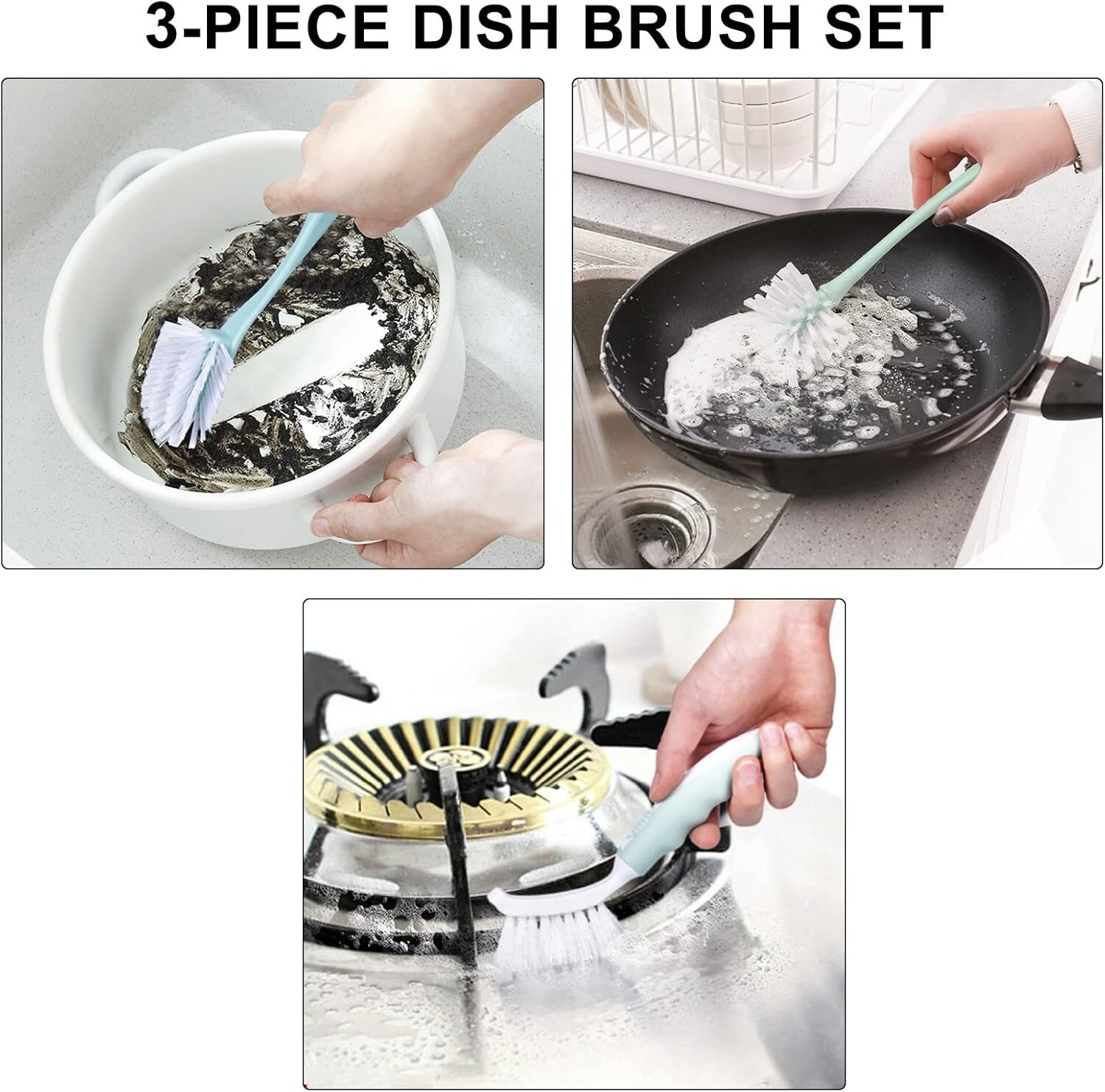 Dish Brush With Handle Kitchen Deep Cleaning Dish Scrub Brush 3 Pieces Ergonomic